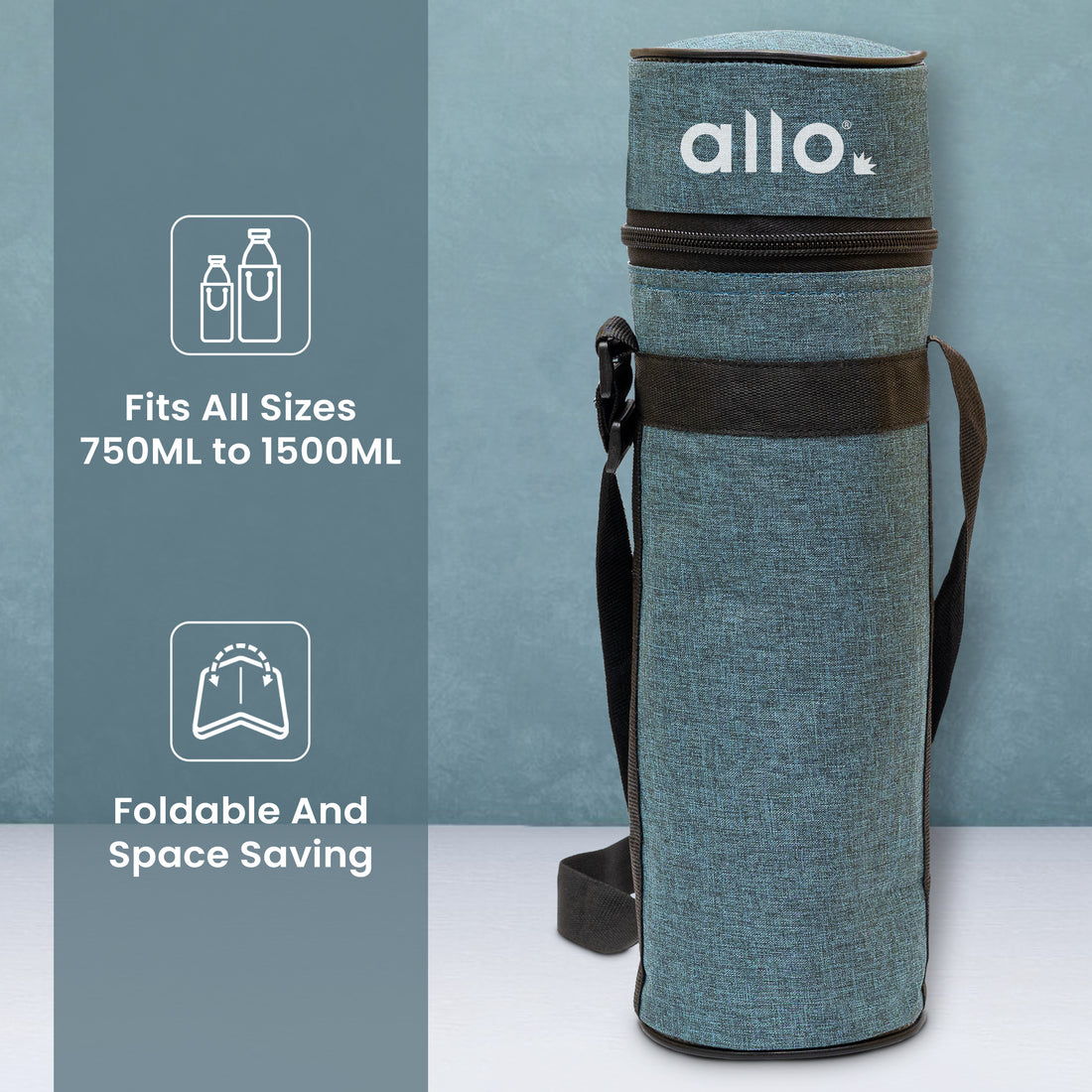 Allo Polyester Thermal Insulated 1L Bottle Cover – Water-Proof Modern Carrier Sleeve with Adjustable Shoulder Handle & Zipper Closure for Travel, Hiking, Office & School, Persian Blue