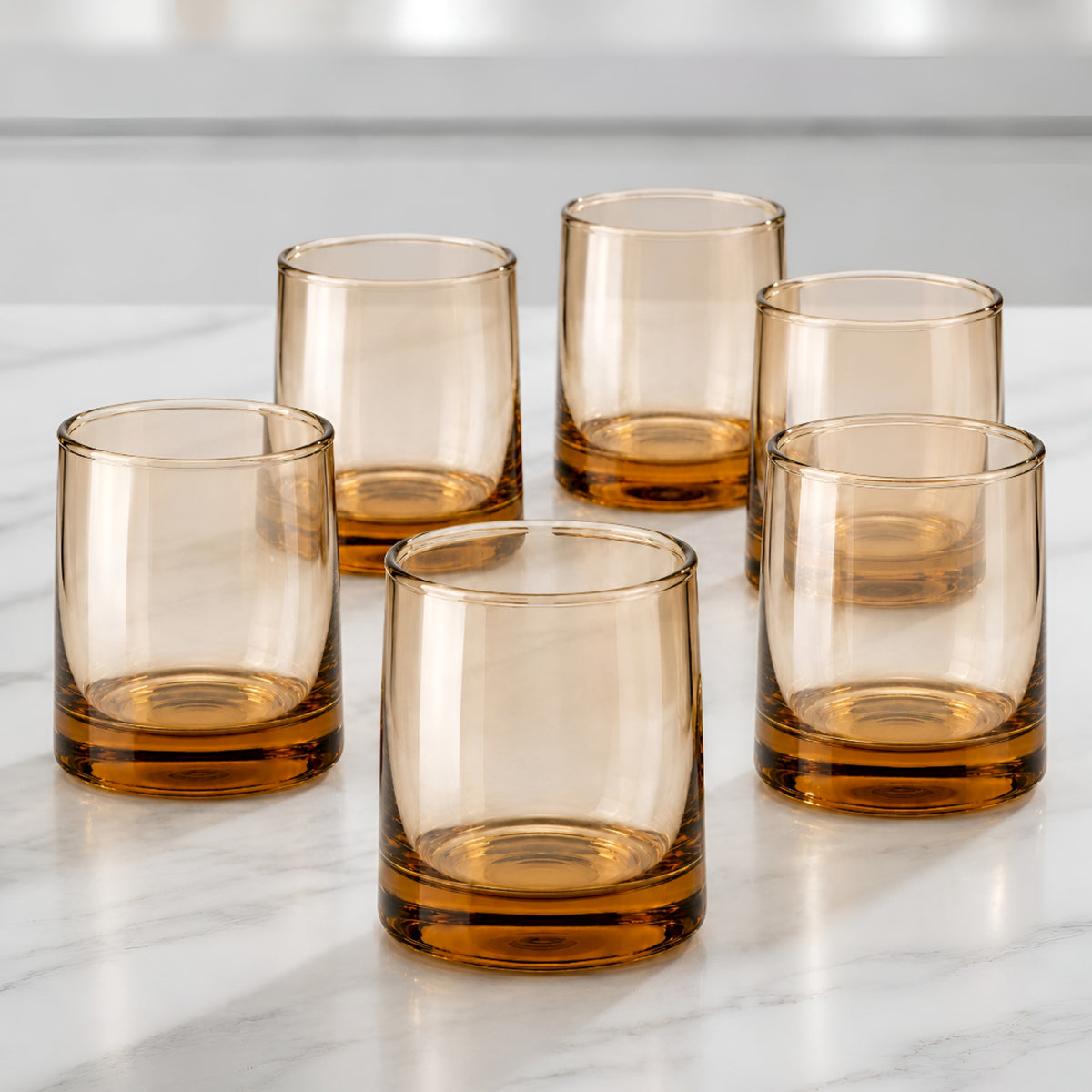 Allo Premium Glass Set Of 6, 260 ml, Latest Design Glasses For Water, Juice, Whisky, Cold Drink | Lead Free | Perfect For Home & Parties, Gift Set Packaging | Thick Base Amber Glass