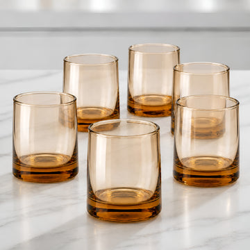 Allo Premium Glass Set Of 6, 260 ml, Latest Design Glasses For Water, Juice, Whisky, Cold Drink | Lead Free | Perfect For Home & Parties, Gift Set Packaging | Thick Base Amber Glass