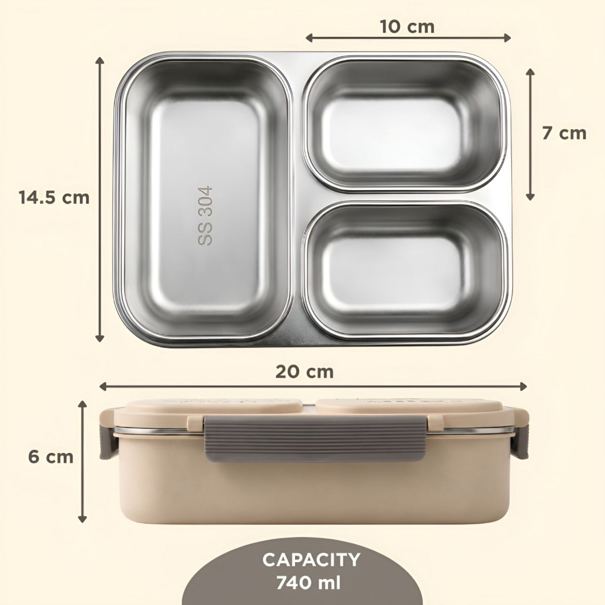 Allo Bento Stainless Steel Lunch Box for Kids- BIS Approved, 304 Stainless Steel 3 Compartment Leakproof Tiffin Box for Boys and Girls for School, Travelling, Baby Snacks, 740ml Beige Cats