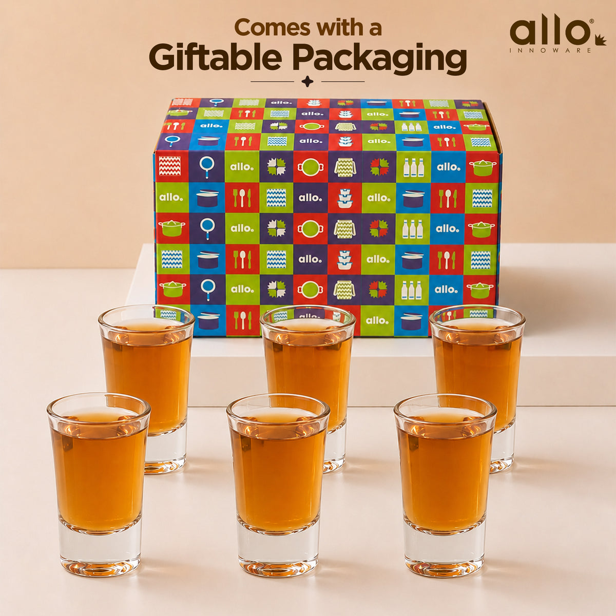 Allo Shot Glasses Set Of 6, 40 ml, Small Glass For Vodka, Tequila, Liquor, Wine, Party, Bar | Gift Set Packaging | Transparent | Classic Curved Edge Shot Glass