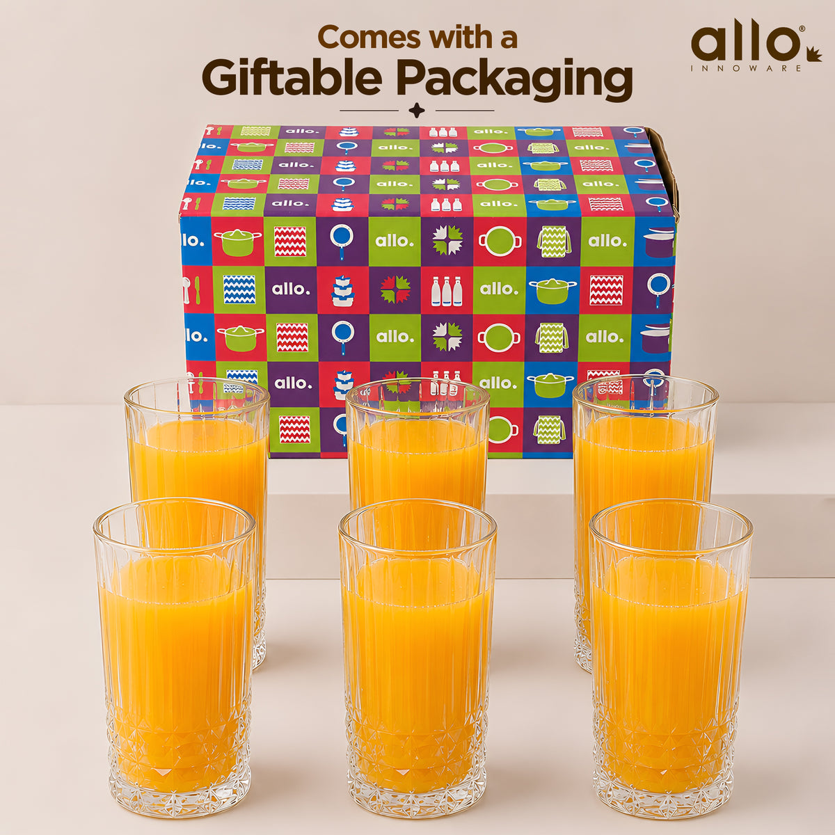Allo Premium Glass Set Of 6, 370 ml, Latest Design Glasses For Water, Juice, Whisky, Cold Drink | Lead Free | Perfect For Home & Parties, Gift Set Packaging | Transparent Crown Base Glass