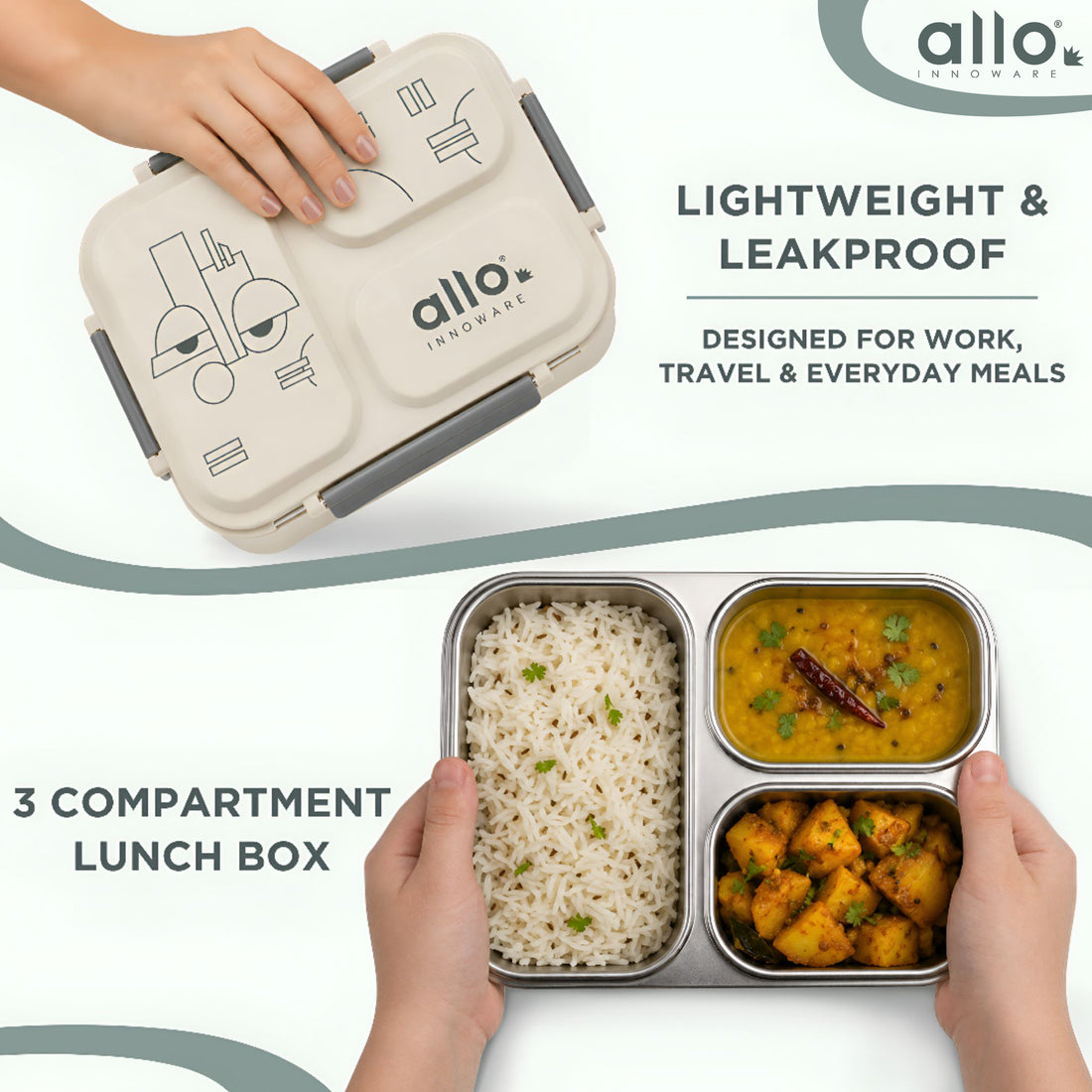 Allo Bento Stainless Steel Lunch Box for Kids- BIS Approved, 304 Stainless Steel 3 Compartment Leakproof Tiffin Box for Boys and Girls for School, Travelling, Baby Snacks, 740ml Green Cool Eyes