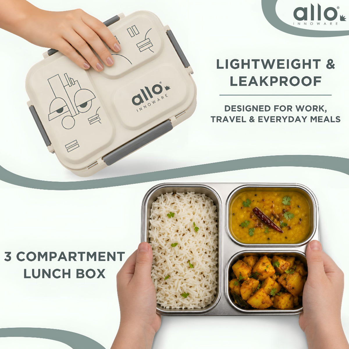 Allo Bento Stainless Steel Lunch Box for Kids- BIS Approved, 304 Stainless Steel 3 Compartment Leakproof Tiffin Box for Boys and Girls for School, Travelling, Baby Snacks, 740ml Green Cool Eyes