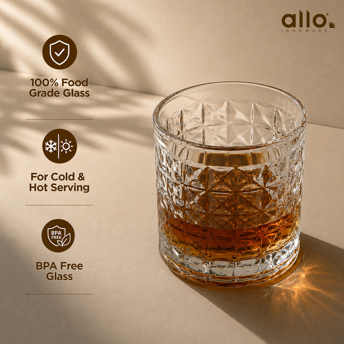 Allo Glass Set Of 6 Premium Whisky Glasses, 330 ml, For Drinking Water, Wine, Cocktail, Mocktail, Martini, Liquor, Alcohol, Scotch, Bourbon | Gift Set Packaging | Transparent Criss Cross Diamond Glass