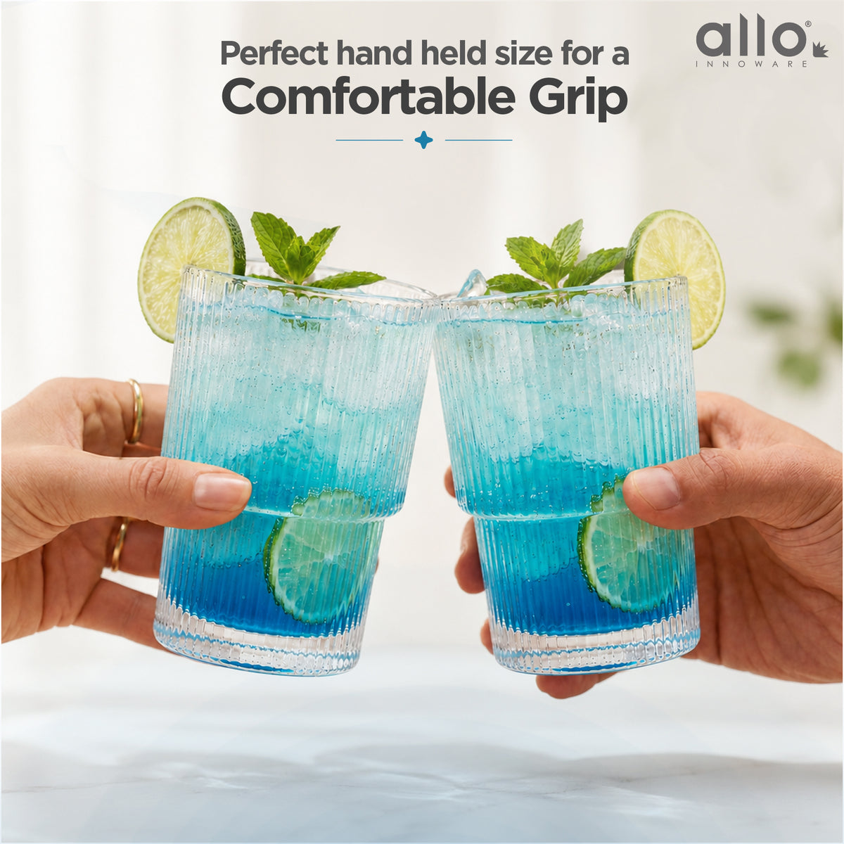 Allo Premium Glass Set Of 6, 193 ml, Latest Design Glasses For Water, Juice, Whisky, Cold Drink | Perfect For Home, Restaurants & Parties, Gift Set Packaging | Transparent Ribbed Glass