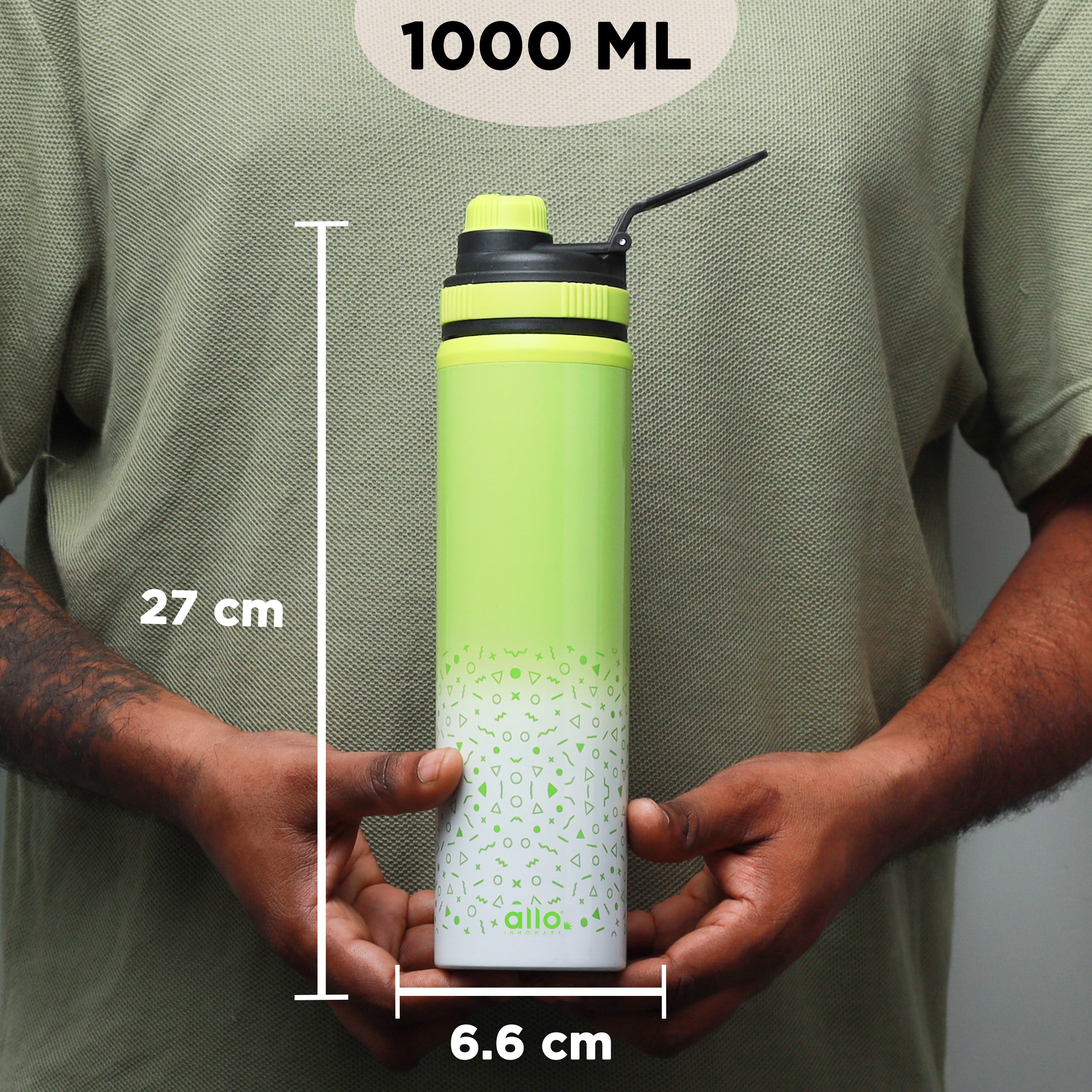 Allo Steel Water Bottles Stainless Steel Sipper Water Bottle for adults, kids 1 Litre Water Bottles for School, Office, Sports, Gym 1L Water Bottle for Men and women, Green White 1000ml