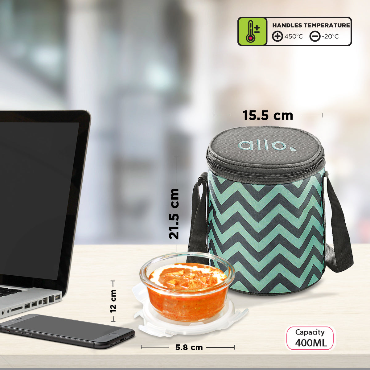 Allo Food Safe Glass Lunch Box, 450°C Microwave Safe Lunch Box, Borosilicate Glass Tiffin for office with Chevron Mint Tiffin Bag, Set of 3, 400ml x 3, Round