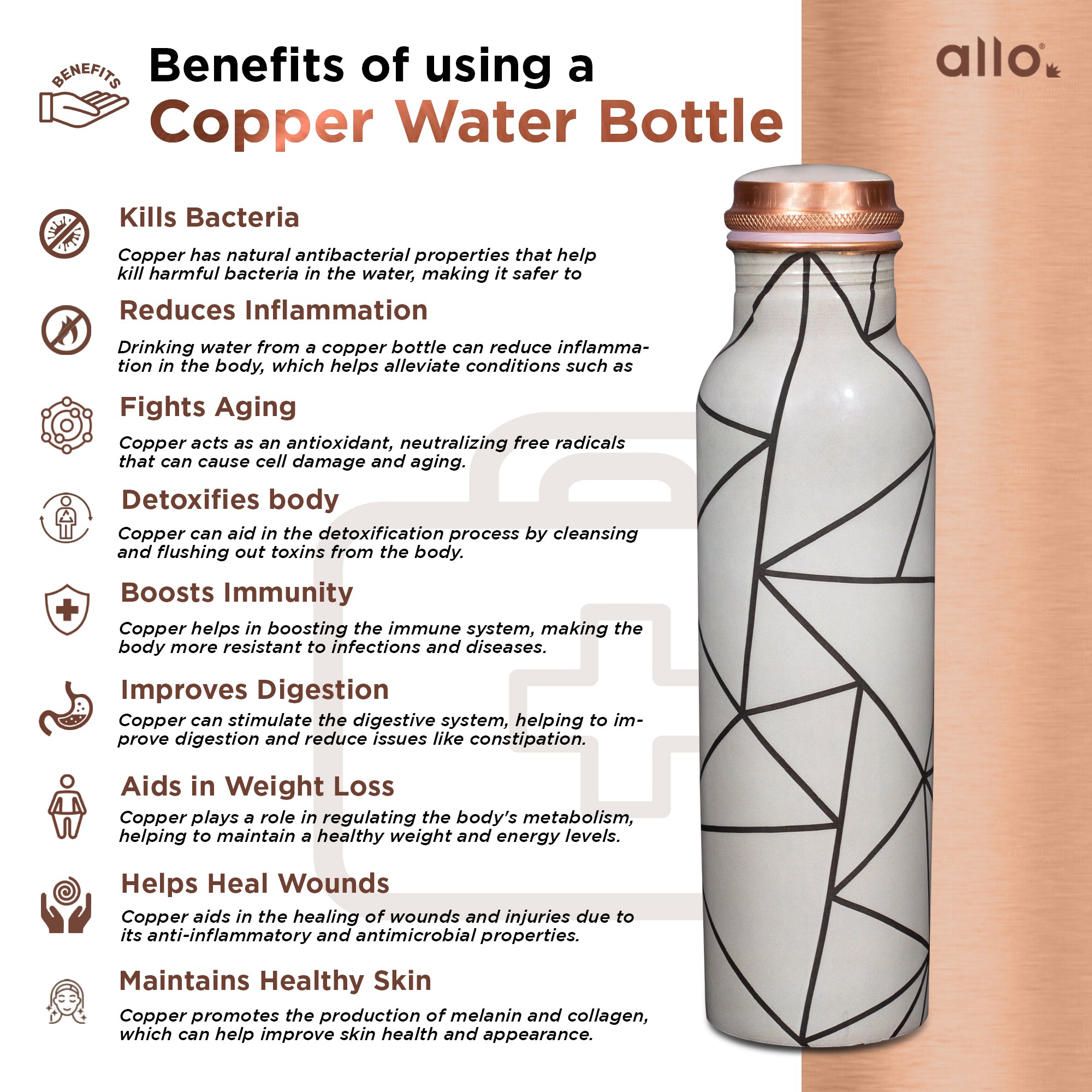Allo Pure Copper Water Bottle 1 Litre Copper Bottle | Alkaline and Anti Oxidant | 100% Leak Proof, Office, Gym Bottle, Modern Tamba Bottle for Adults, Best Gift for Diwali (Grey Abstract Line)