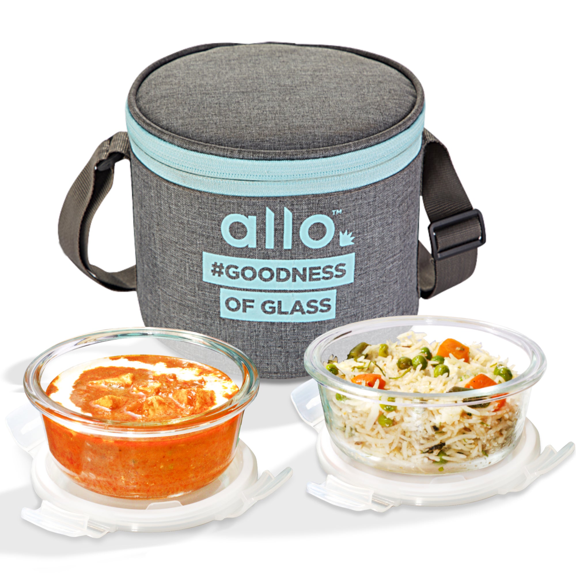 Allo Food Safe Glass Lunch Box, 450°C Microwave Safe Lunch Box, Borosilicate Glass Tiffin for office with Canvas grey Tiffin Bag, Set of 2, 400ml x 2, round