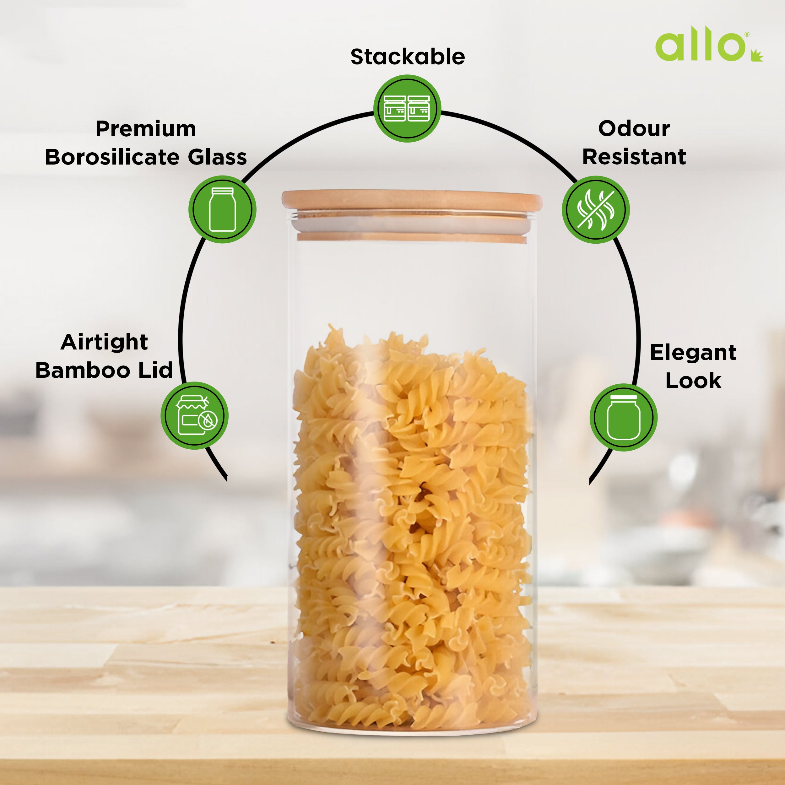 Allo 1000ML Kitchen Storage Box Glass Jars With Wooden Lids - Borosilicate Glass Food Storage Containers Airtight Glass Jar for Tea, Coffee, Spice, Pulses, Masala (Round Glass Jar - Set of 5)
