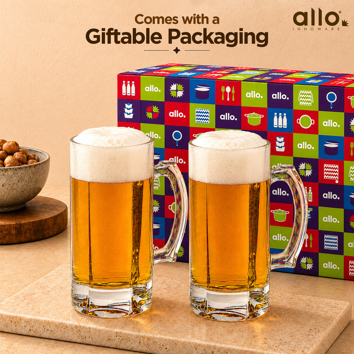 Allo Beer Mug And Drinking Glass Mugs, Set Of 2, 390 ml Each, Serves Beer, Juice, Mocktail, Alcohol, Cocktail, Drinking Glass With Handle, Fluted Glass | Gift Set Packaging | Transparent Crystal Cut