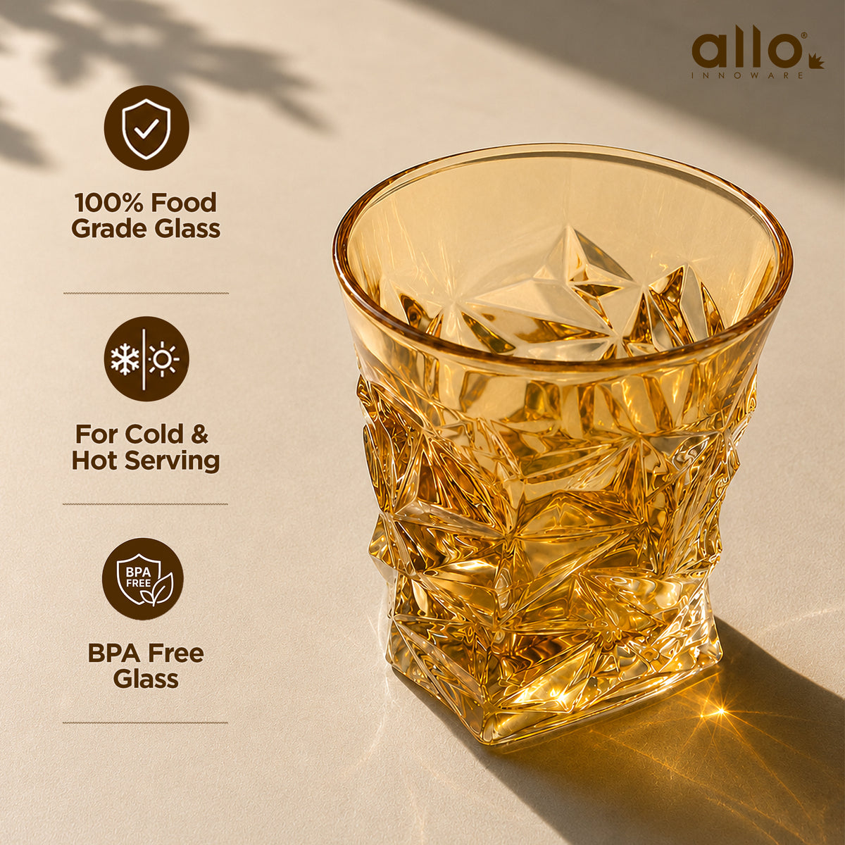 Allo Glass Set Of 6 Premium Whisky Glasses, 270 ml, For Drinking Water, Wine, Cocktail, Mocktail, Martini, Liquor, Alcohol, Scotch, Bourbon | Gift Set Packaging | Golden Star Cut Whiskey Glass