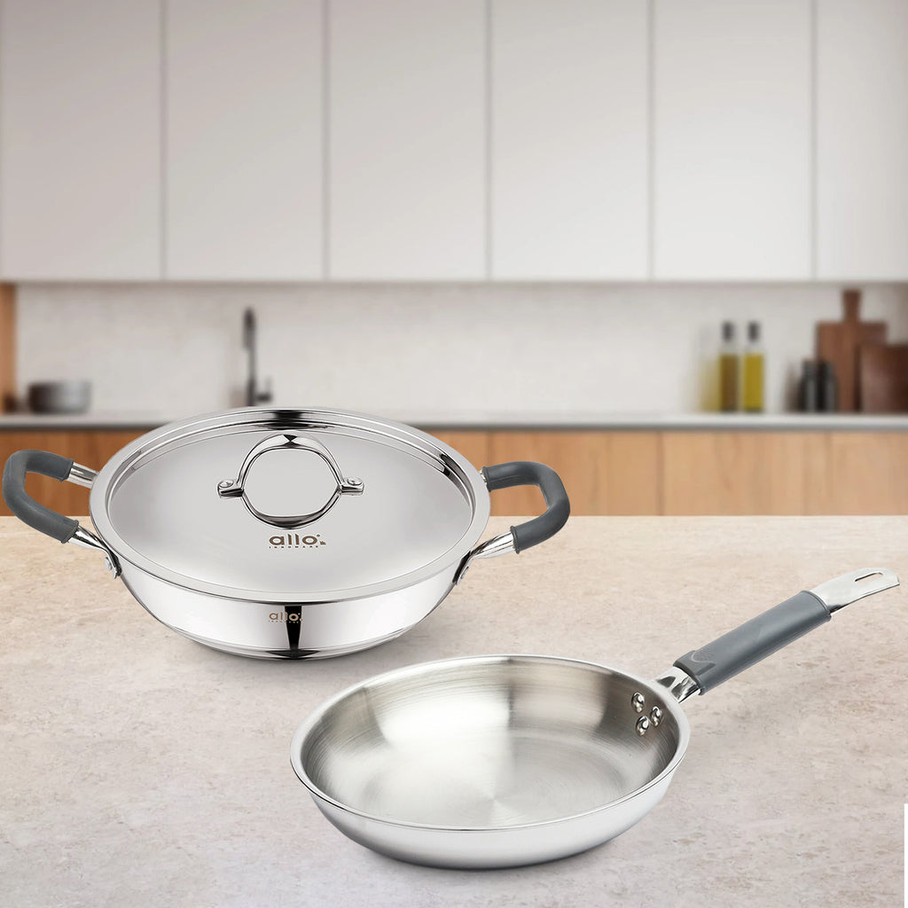 Allo Stainless Steel Triply Cookware Set | Kadai with Lid (22 Cm/3 L)+ Fry Pan (22 Cm/1.5L) | Perfect Cooking Combo for Curry/Stir-Fry/Deep-Fry/DryVeg/SautA Induction Friendly Set of 3Pcs | Nonstick