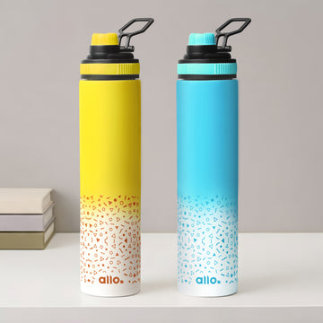Allo Stainless Steel Sipper Water Bottle for adults,kids 1 Litre Water Bottles for School, Office,Sports, Gym 1L Water Bottle for Men & women, Pack Of 2, Blue White & Yellow White 850ml