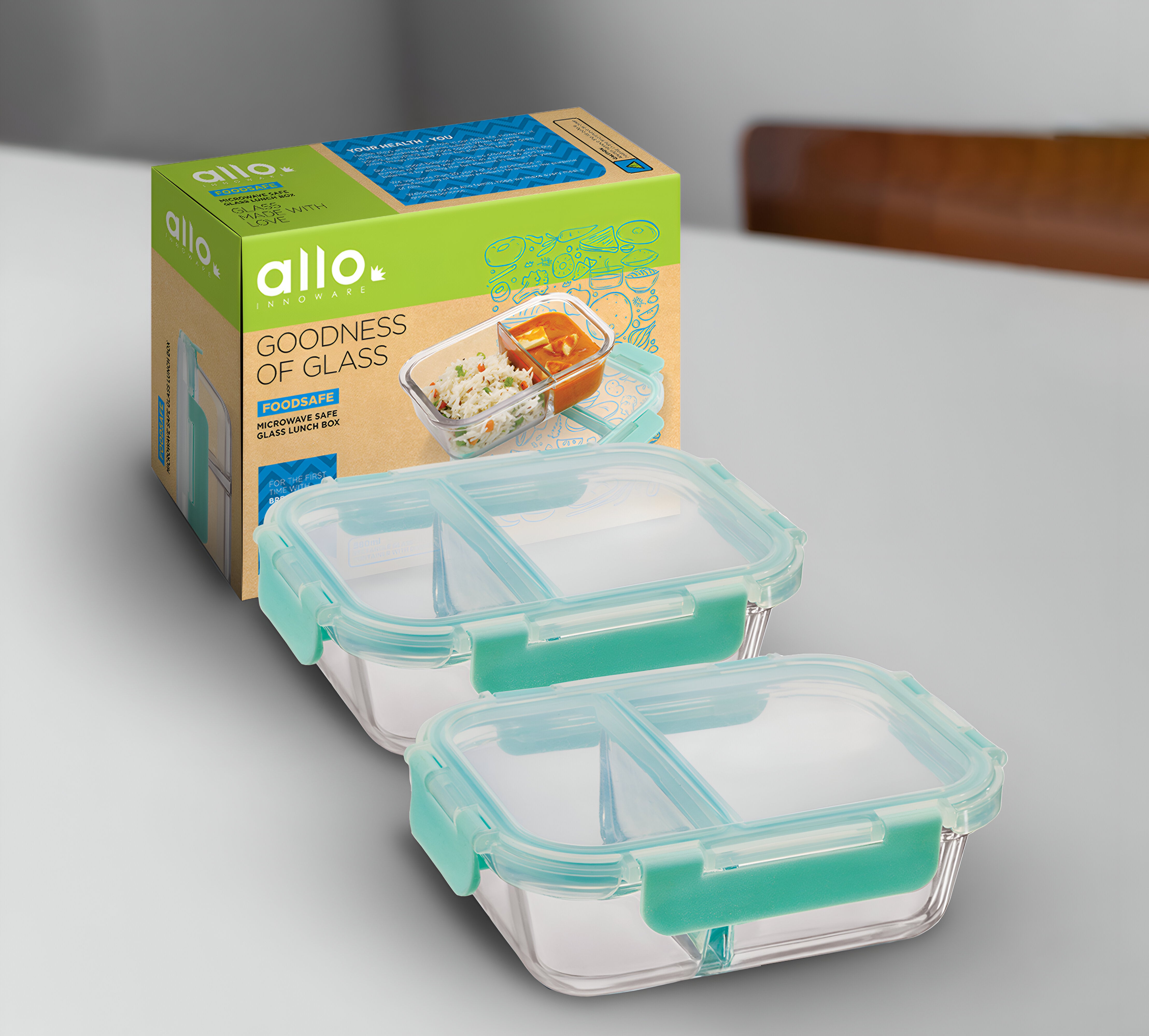 Allo FoodSafe Glass Containers with Lids with Break Free Lock, Microwave Safe Containers, Borosilicate Meal Prep Glass Food Storage Containers for Kitchen, Set of 2, 580ml, Rectangle, Transparent