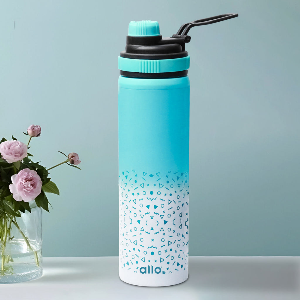 Allo Steel Water Bottles Stainless Steel Sipper Water Bottle for adults, kids 1 Litre Water Bottles for School, Office, Sports, Gym 1L Water Bottle for Men and women, Blue White 600ml