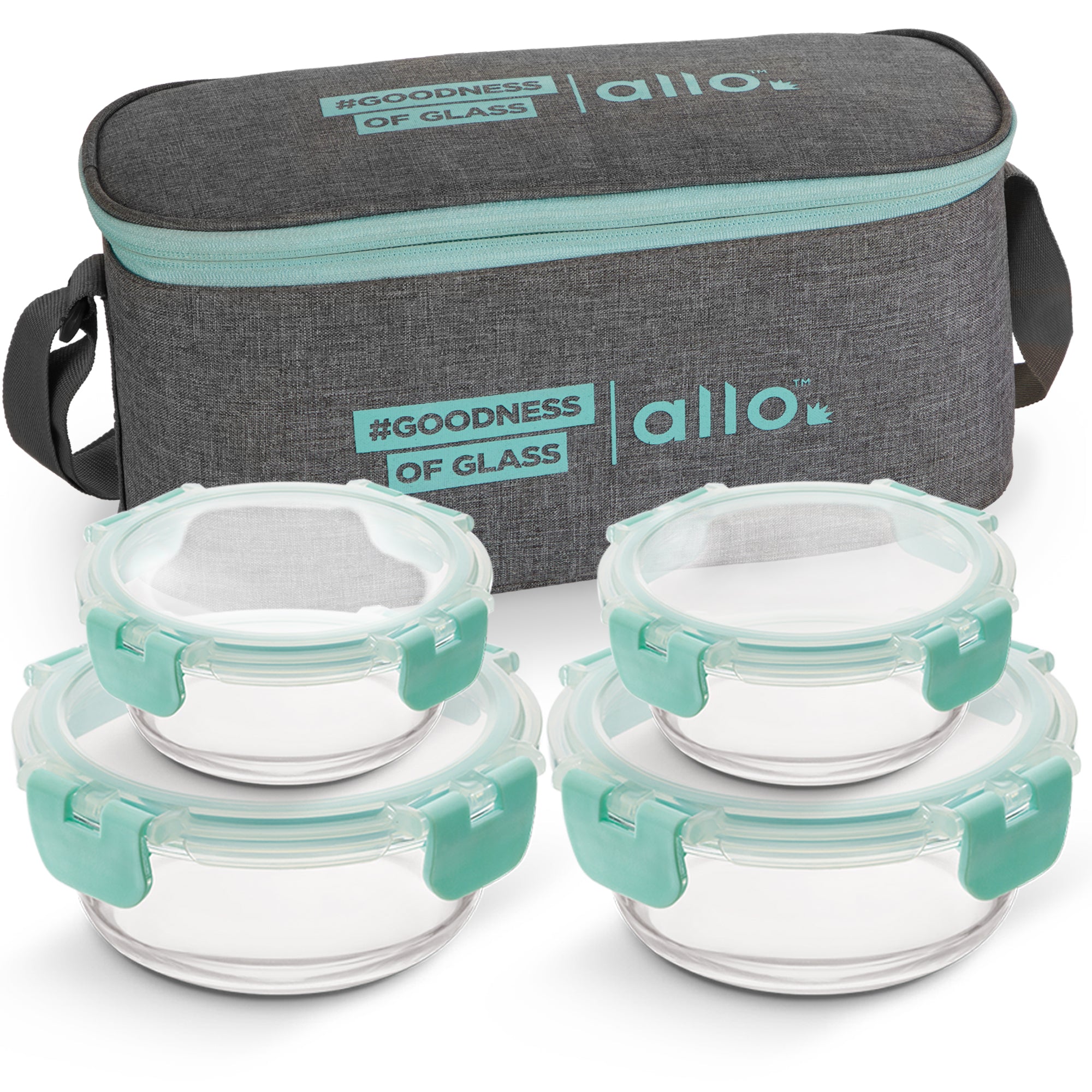 Allo Food Safe Glass Lunch Box with Break Free Detachable Lock, 450°C Microwave Safe Lunch Box, Borosilicate Glass Tiffin for office with Canvas Grey Tiffin Bag, Set of 4, 215ml x 2, 390ml x 2, Round.