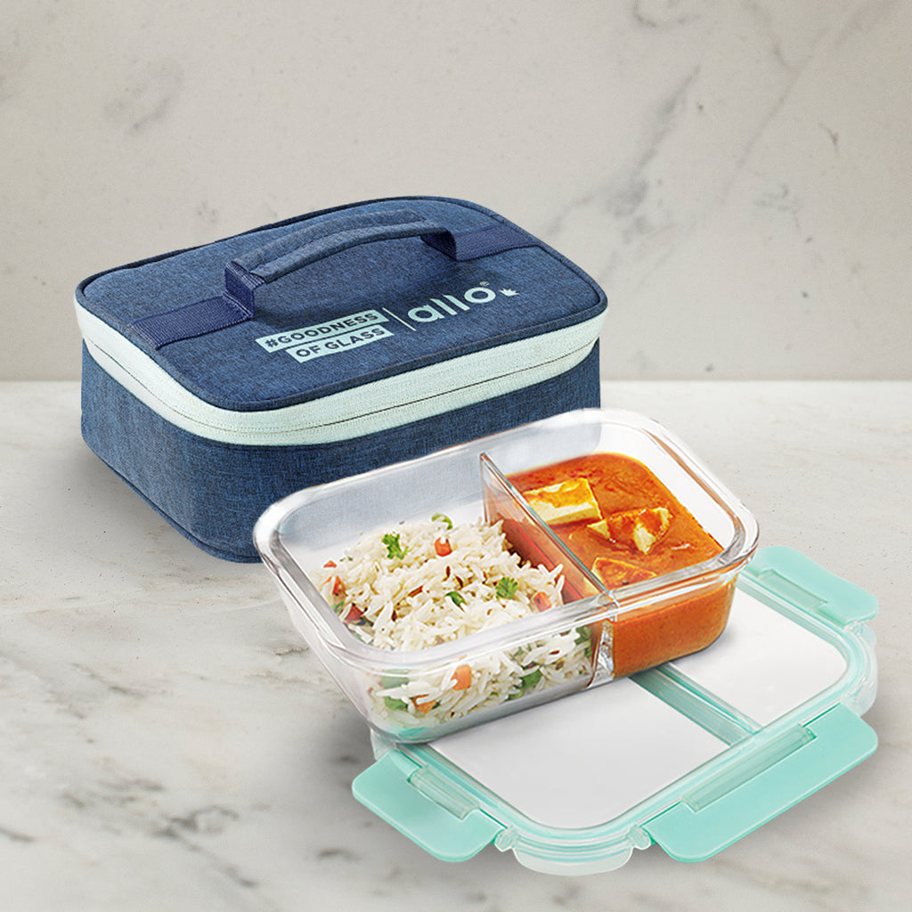 1000ml Allo FoodSafe Microwave Oven Safe Glass Lunch box with Break Free Detachable Lock with Denim Blue Bag Tiffin