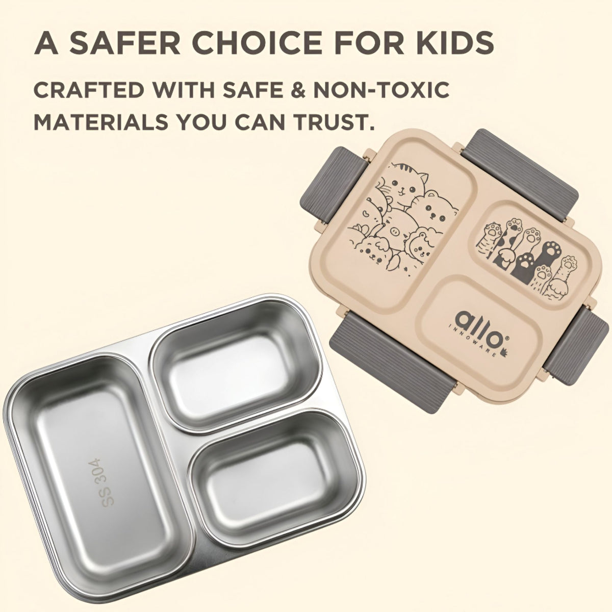 Allo Bento Stainless Steel Lunch Box for Kids- BIS Approved, 304 Stainless Steel 3 Compartment Leakproof Tiffin Box for Boys and Girls for School, Travelling, Baby Snacks, 740ml Beige Cats