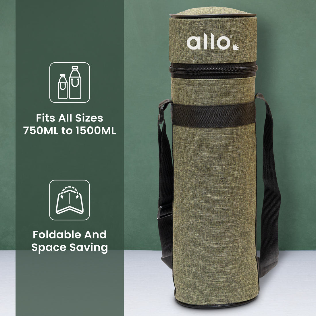 Allo Polyester Thermal Insulated 1L Bottle Cover – Water-Proof Modern Carrier Sleeve with Adjustable Shoulder Handle & Zipper Closure for Travel, Hiking, Office & School, GREEN