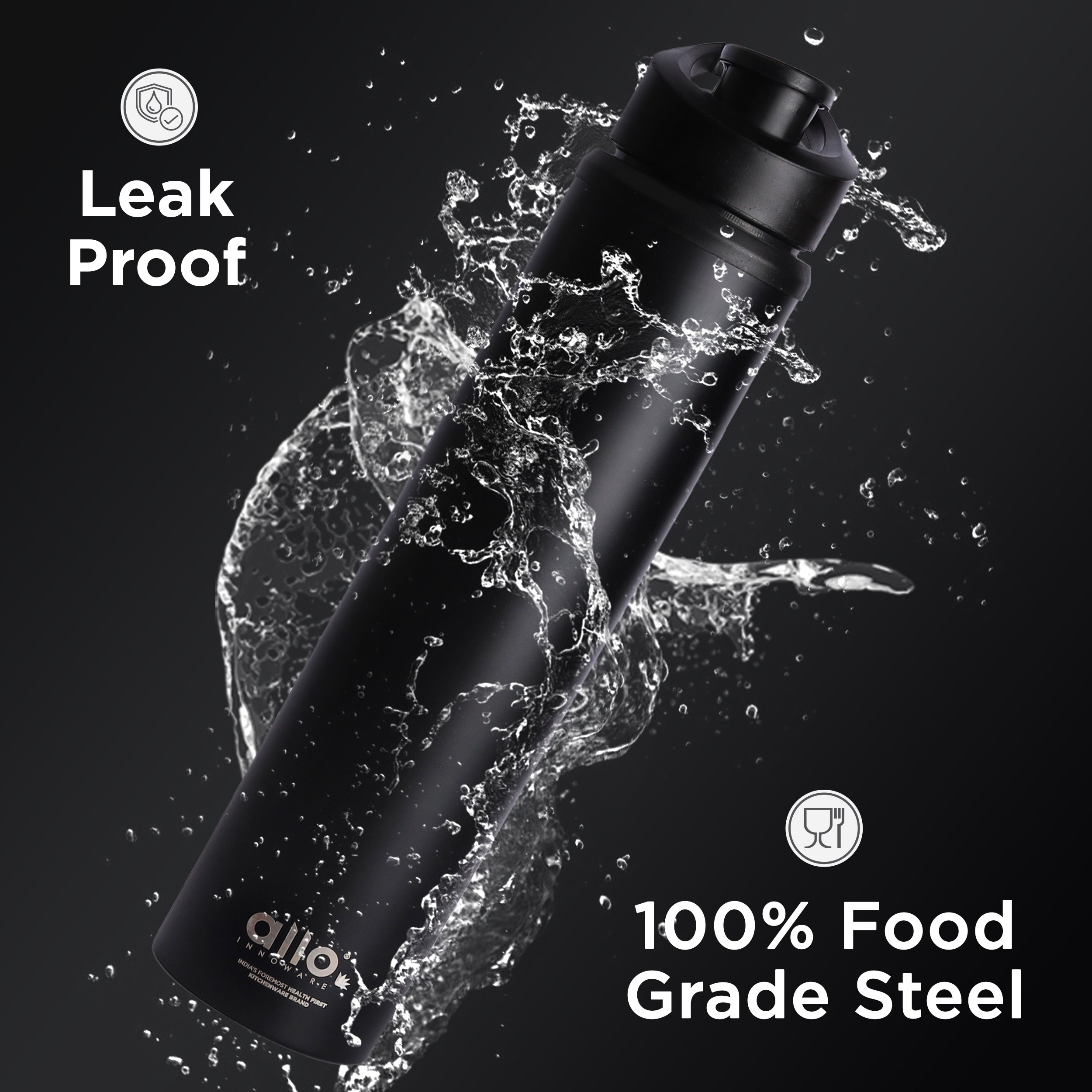 Allo Steel Water Bottles Stainless Steel Sipper Water Bottle for adults, kids 1 Litre Water Bottles for School, Office, Sports, Gym 1L Water Bottle for Men and women, Black 800ml