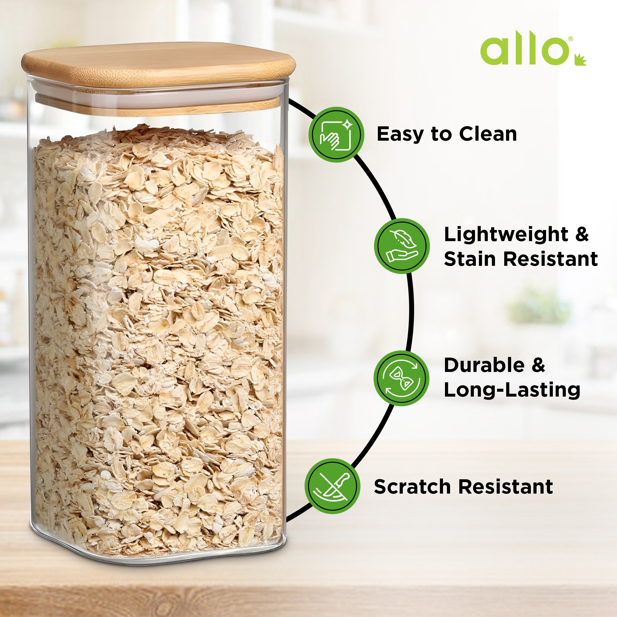 Allo 1000ML Kitchen Storage Box Glass Jars With Wooden Lids - Borosilicate Glass Food Storage Containers Airtight Glass Jar For Tea, Coffee, Spice, Pulses, Masala (Square Glass Jar - Set of 4)