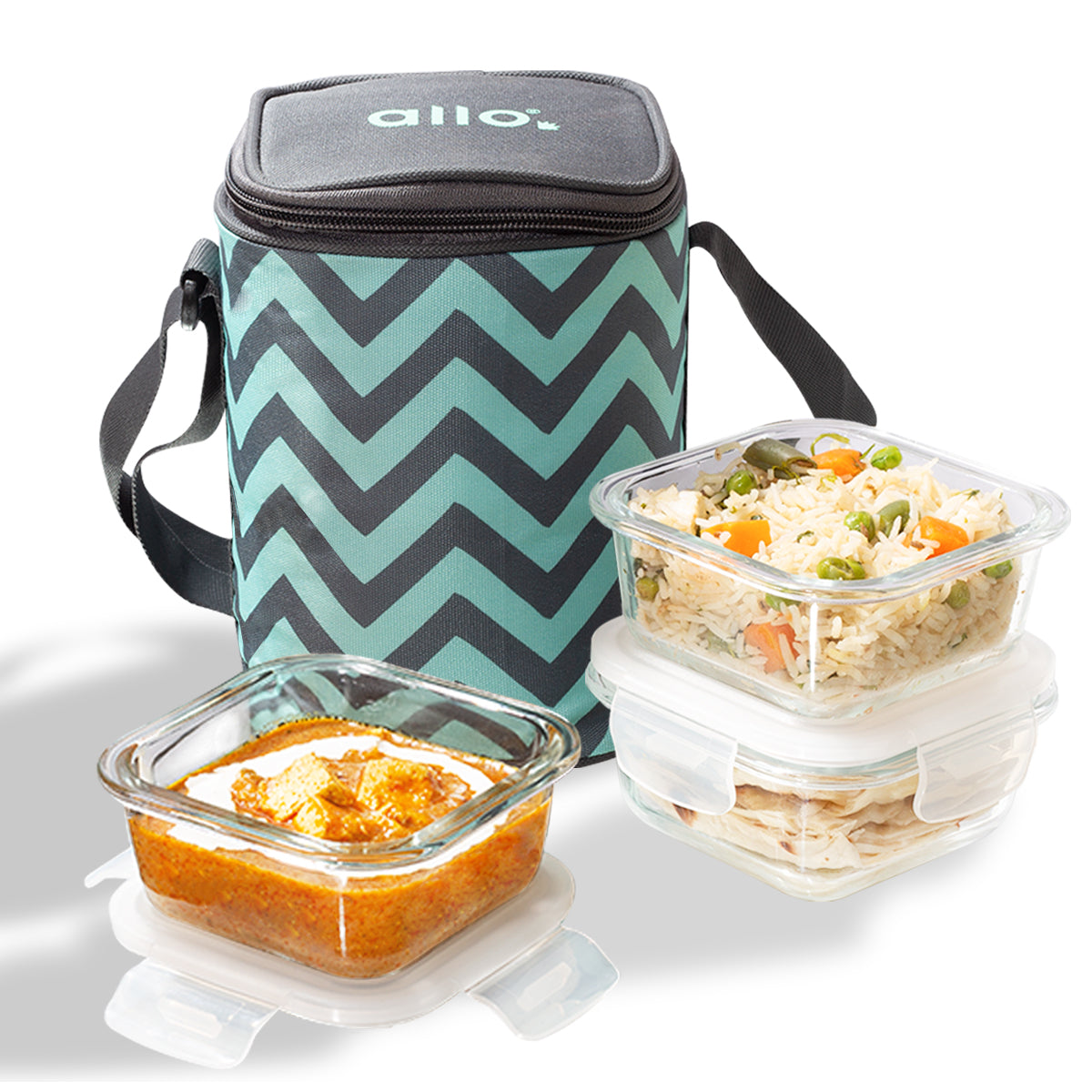 Allo Food Safe Glass Lunch Box, 450°C Microwave Safe Lunch Box, Borosilicate Glass Tiffin for office with Chevron Mint Tiffin Bag, Set of 3, 320ml x 3, square