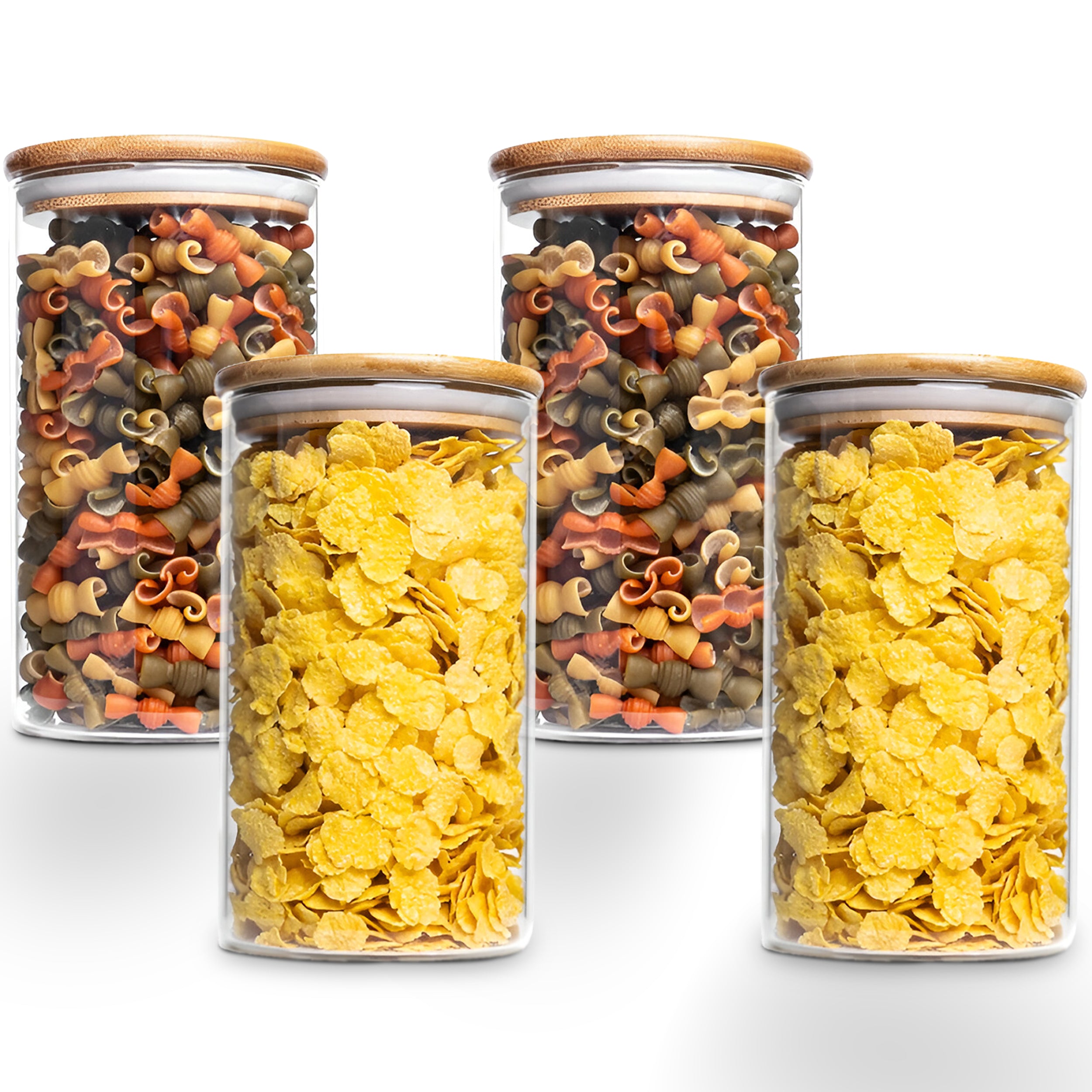Allo 600ML Kitchen Storage Box Glass Jars With Wooden Lids - Borosilicate Glass Food Storage Containers Airtight Glass Jar for Tea, Coffee, Spice, Pulses, Masala (Round Glass Jar - Set of 4)