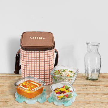 Allo Food Safe Glass Lunch Box with Breakfree Detachable Lock, Microwave Safe Lunch Box Borosilicate Glass Tiffin for Office with Cocoa Brown Tiffin Bag, Set of 3, 160ml x 1, 310ml x 2