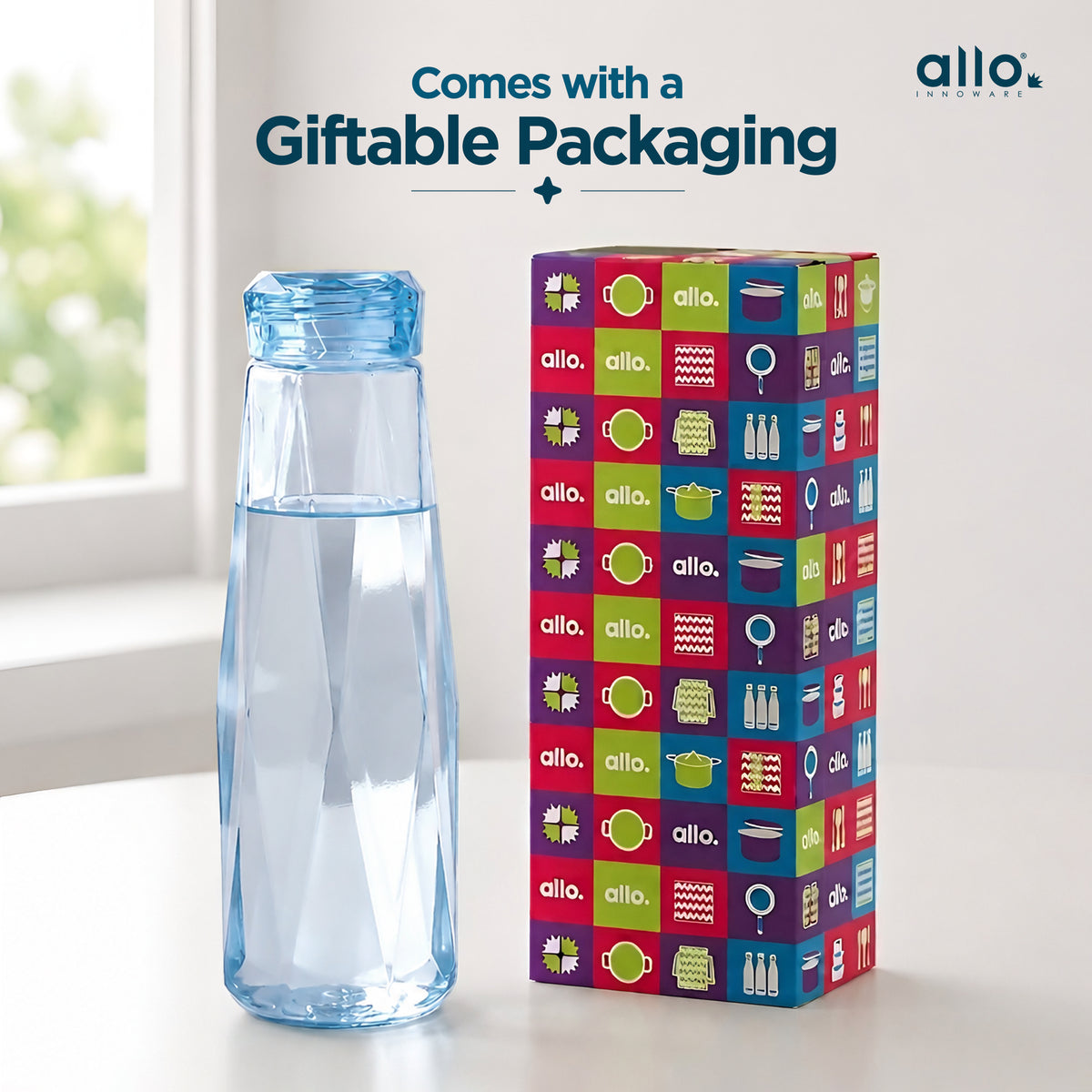 Allo Glass Water Bottle For Women & Men, 450 ml, Aesthetic H2O Bottles For Drinking Detox Water, Juice, Milk, Soda | 0.4 Ltr Bottle For Fridge, Storage, Home | Gift Set Packaging | Geometric Blue