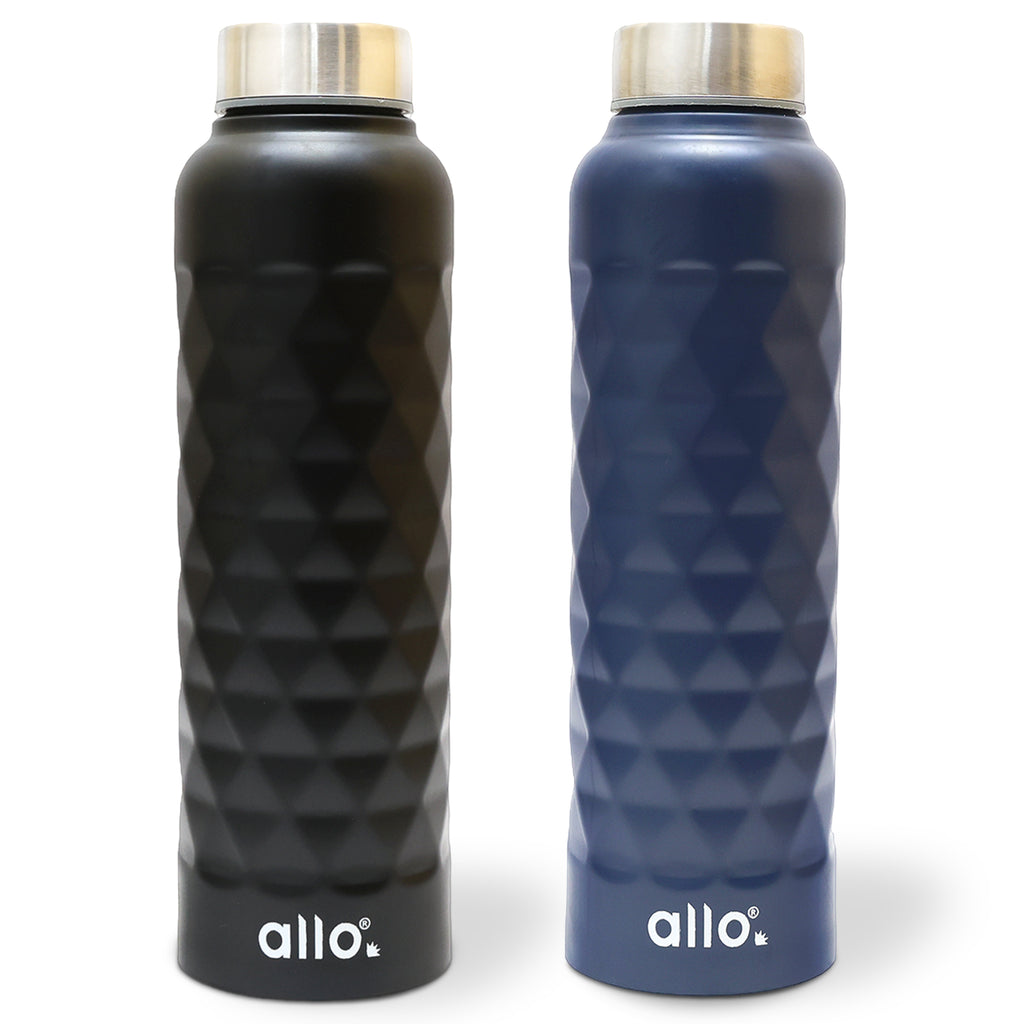 Allo Stainless Steel Water Bottle For Adults, Kids 1 Litre Water Bottles For School, Office, Sports, Gym 1L Water Bottle For Men And Women, Pack Of 2|Leak Proof, Bpa Free,Blue &Black Diamond Plain Cap