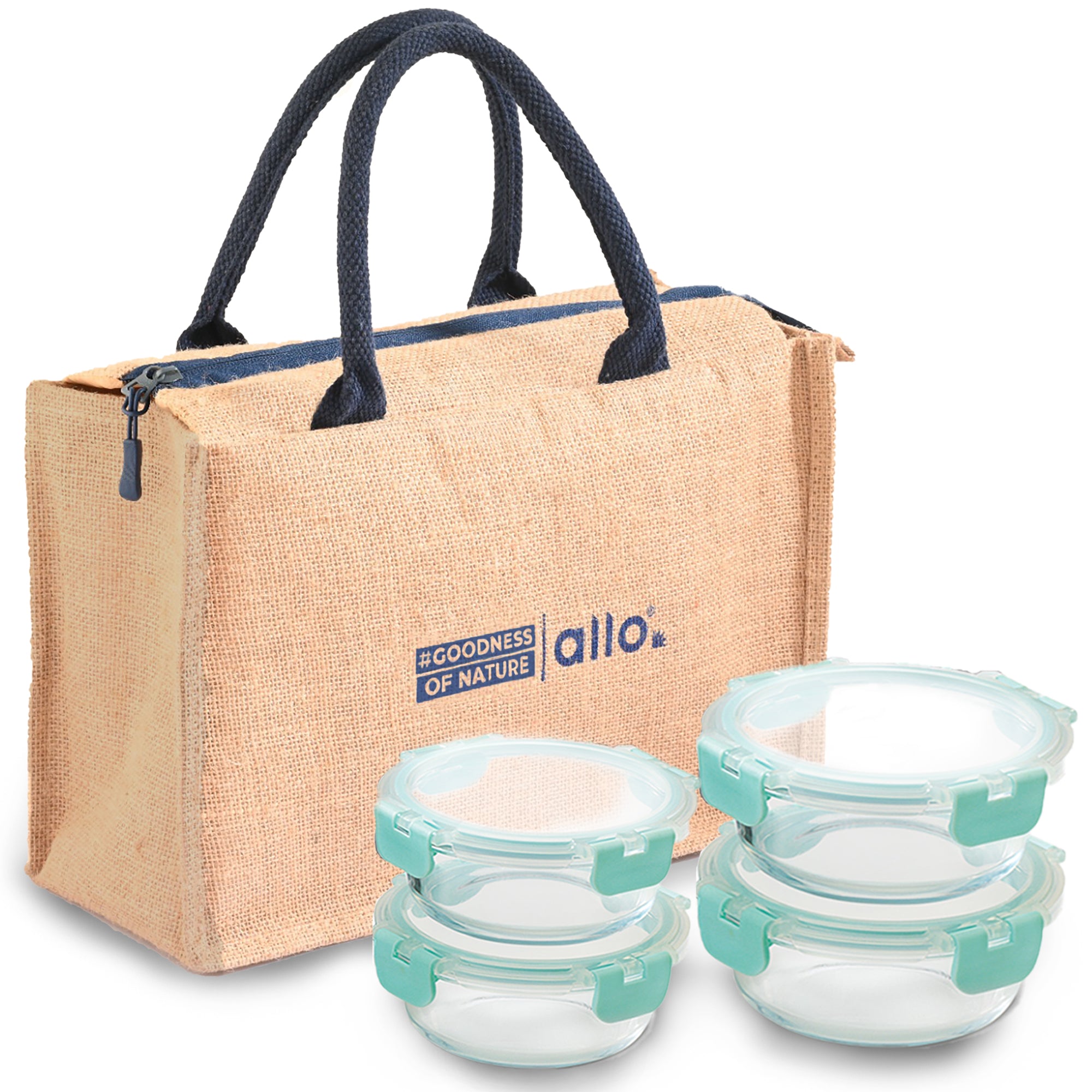Allo Food Safe Glass Lunch Box with Break Free Detachable Lock, 450°C Microwave Safe Lunch Box, Borosilicate Glass Tiffin for office with Jute Tiffin Bag, Set of 4, 215ml x 2 & 390ml x 2, Round