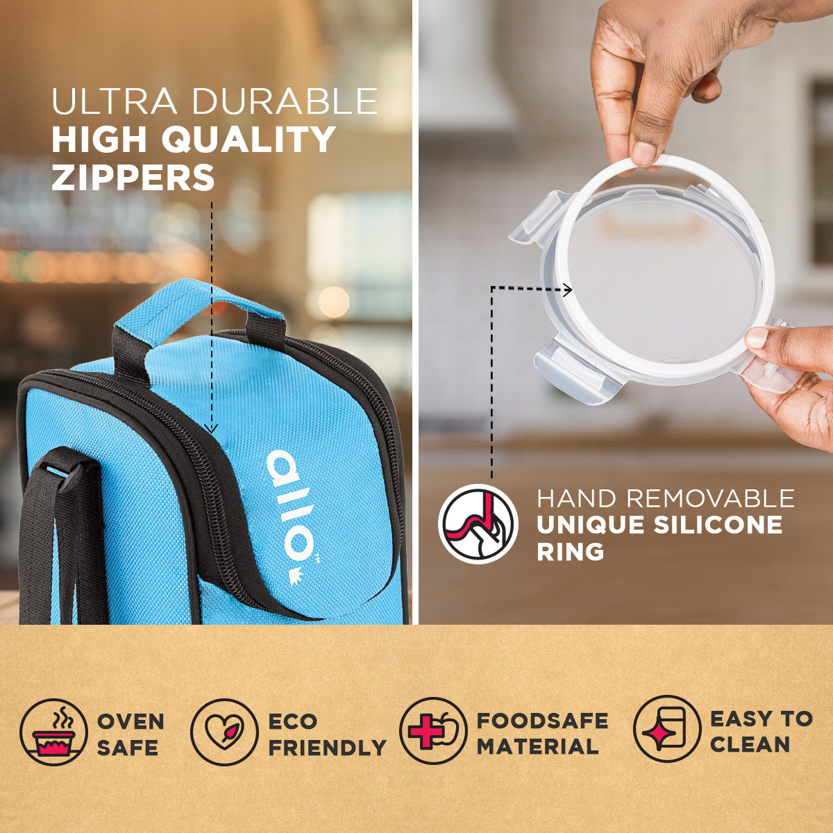 Allo Food Safe Glass Lunch Box, 450°C Microwave Safe Lunch Box, Borosilicate Glass Tiffin for office with Sky Blue Tiffin Bag, Set of 3, 400ml x 3, Round