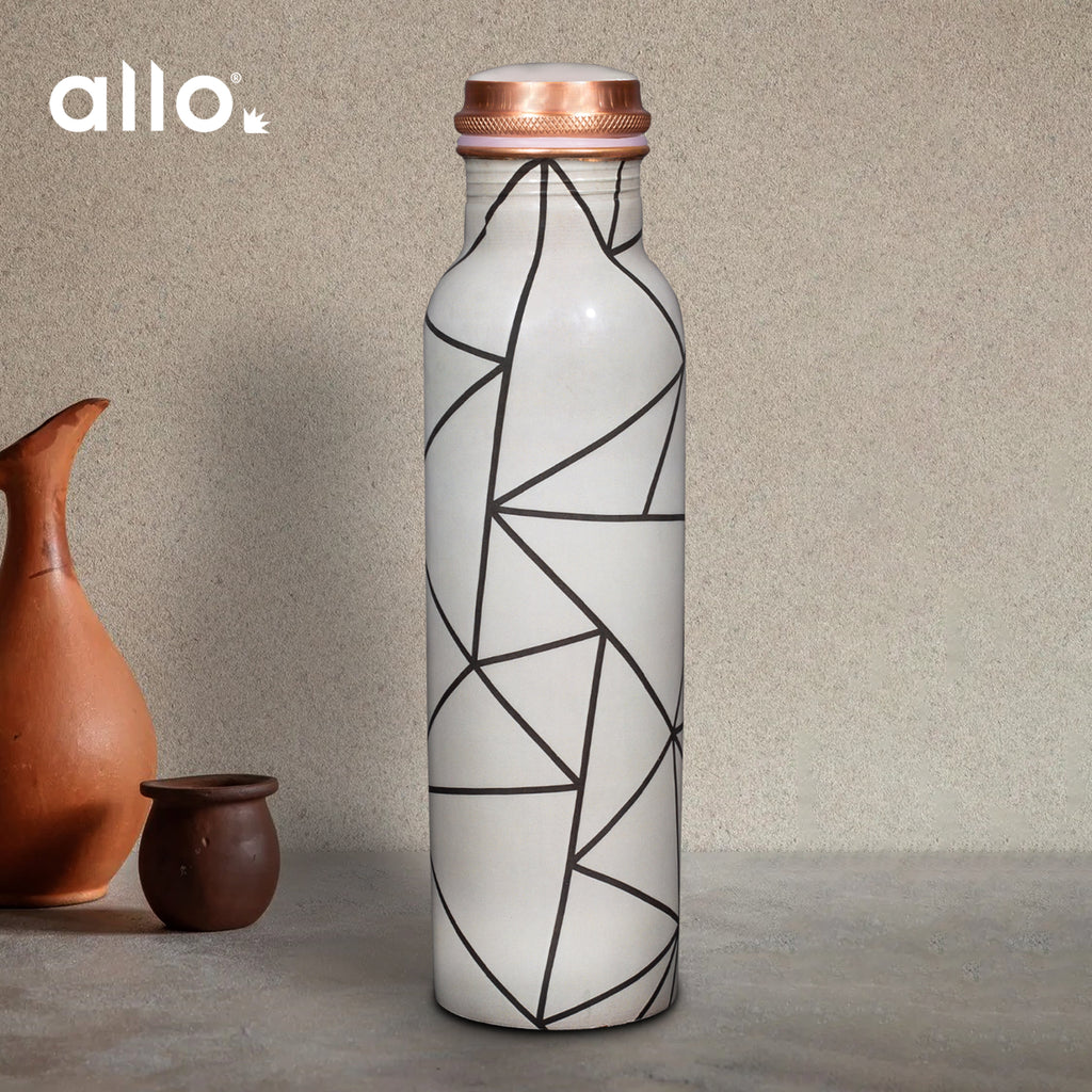 Allo Pure Copper Water Bottle 1 Litre Copper Bottle | Alkaline and Anti Oxidant | 100% Leak Proof, Office, Gym Bottle, Modern Tamba Bottle for Adults, Best Gift for Diwali (Grey Abstract Line)