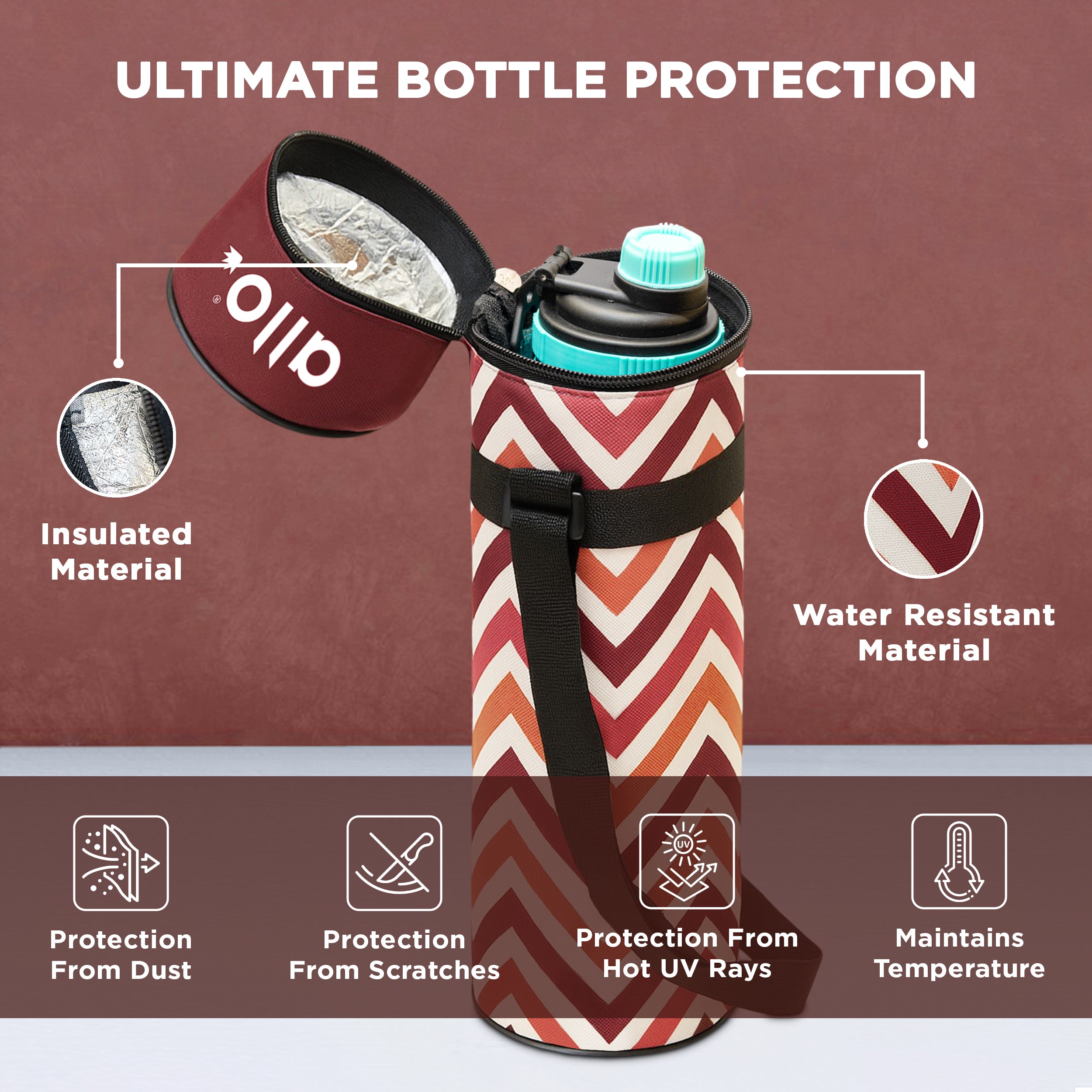 Allo Polyester Thermal Insulated 1L Bottle Cover – Water-Proof Modern Carrier Sleeve with Adjustable Shoulder Handle & Zipper Closure for Travel, Hiking, Office & School, Red Chevron