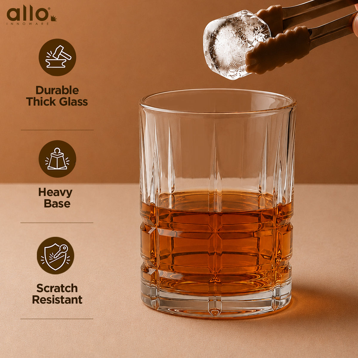 Allo Glass Set Of 6 Premium Whisky Glasses, 210 ml, For Drinking Water, Wine, Cocktail, Mocktail, Martini, Liquor, Alcohol, Scotch, Bourbon | Gift Set Packaging | Transparent Square Grid Whiskey Glass