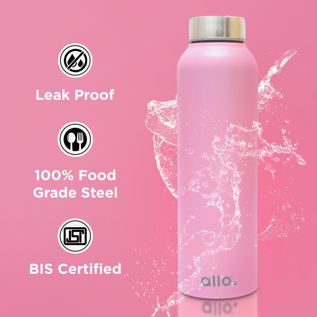 Allo Stainless Steel Water Bottle For Adults, Kids 0.95 Litre Water Bottles For School, Office, Sports, Gym 950ML Water Bottle For Men And Women, Pack Of 2 | Leak Proof & Bpa Free, Pink Steel Cap