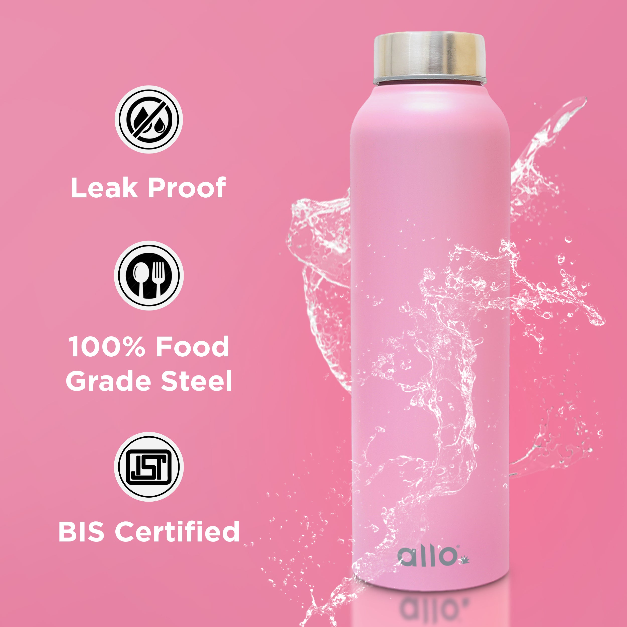 Allo Stainless Steel Water Bottle For Adults, Kids 0.95 Litre Water Bottles For School, Office, Sports, Gym 950ML Water Bottle For Men And Women, Pack Of 2 | Leak Proof & Bpa Free, Pink Steel Cap