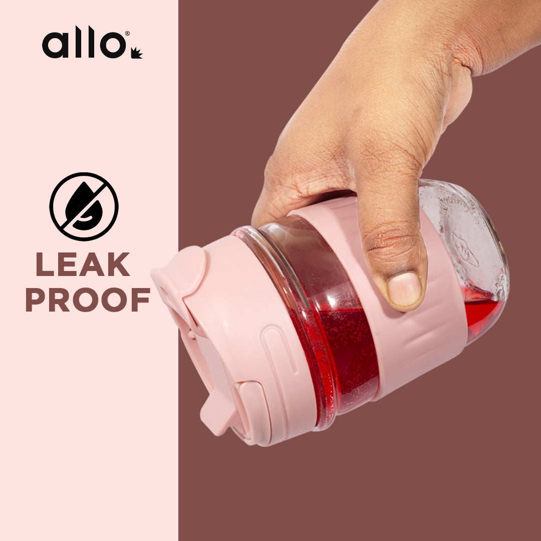 Allo Reusable Glass Mug Sipper Tumbler with Straw, Unique 2 in 1 Anti Spill Lid | Microwave Safe Leakproof Glass with Anti-Slip Grip for Hot & Cold Coffee|| Car, Office, Travel use | 350ml (Pink)