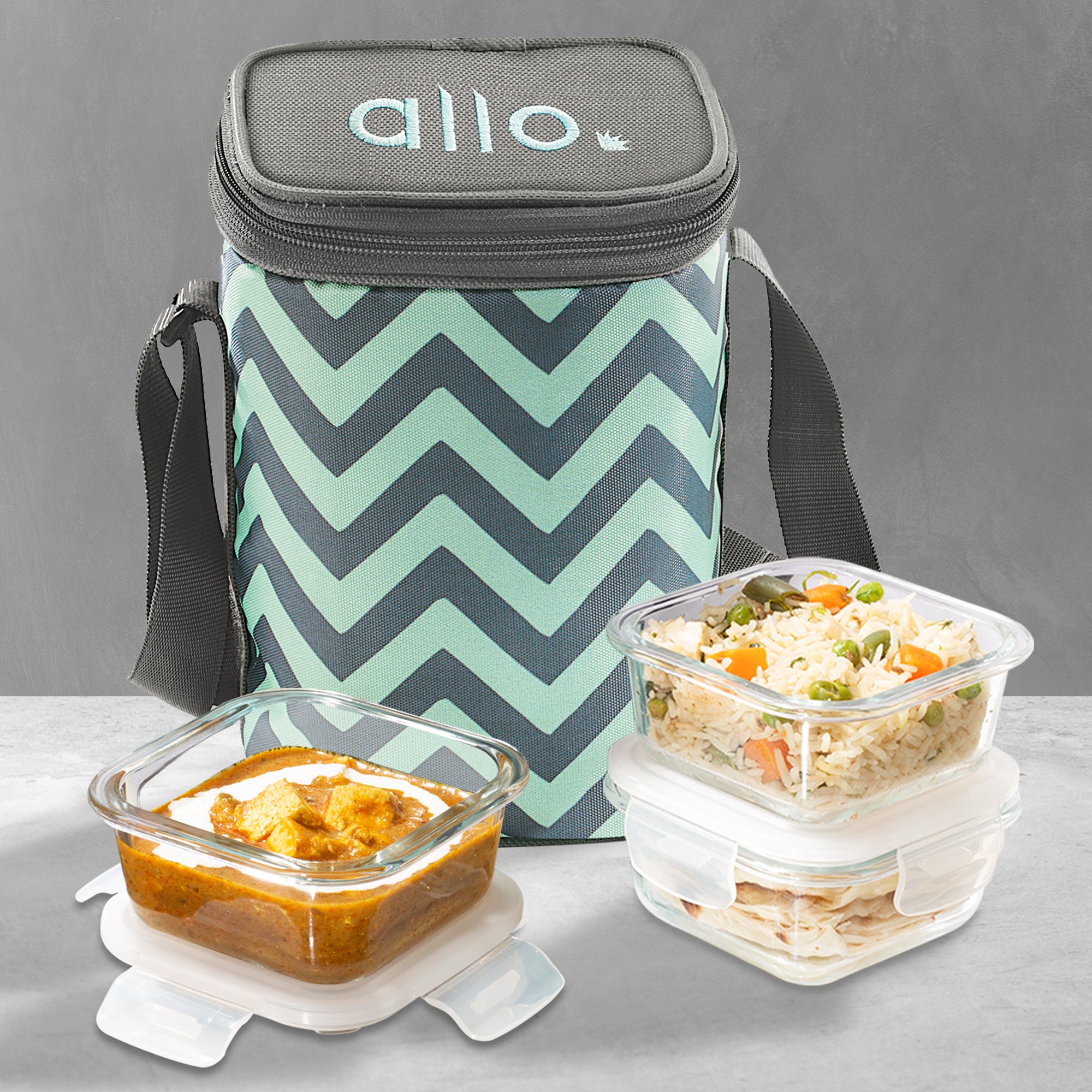 Allo Food Safe Glass Lunch Box, 450°C Microwave Safe Lunch Box, Borosilicate Glass Tiffin for office with Chevron Mint Tiffin Bag, Set of 3, 320ml x 3, square