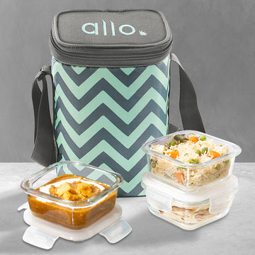 Allo Food Safe Glass Lunch Box, 450°C Microwave Safe Lunch Box, Borosilicate Glass Tiffin for office with Chevron Mint Tiffin Bag, Set of 3, 320ml x 3, square