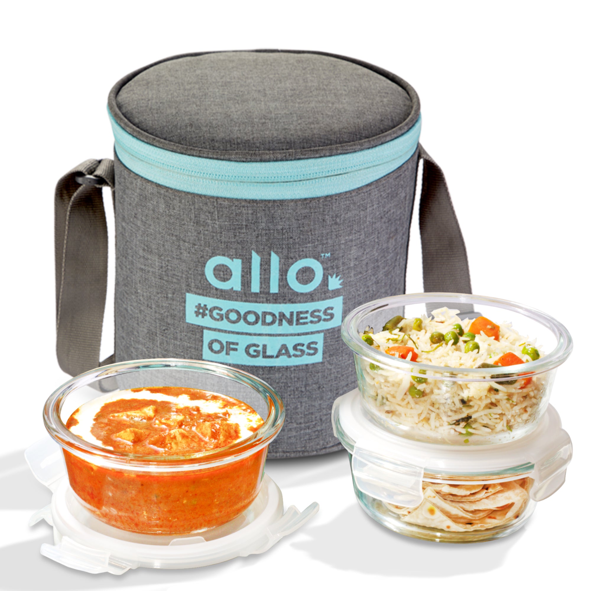 Allo Food Safe Glass Lunch Box, 450°C Microwave Safe Lunch Box, Borosilicate Glass Tiffin for office with Canvas Grey Tiffin Bag, Set of 3, 400ml x 3, Round