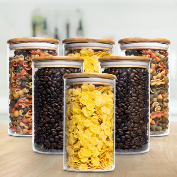 Allo 600ML Kitchen Storage Box Glass Jars With Wooden Lids - Borosilicate Glass Food Storage Containers Airtight Glass Jar for Tea, Coffee, Spice, Pulses, Masala (Round Glass Jar - Set of 6)