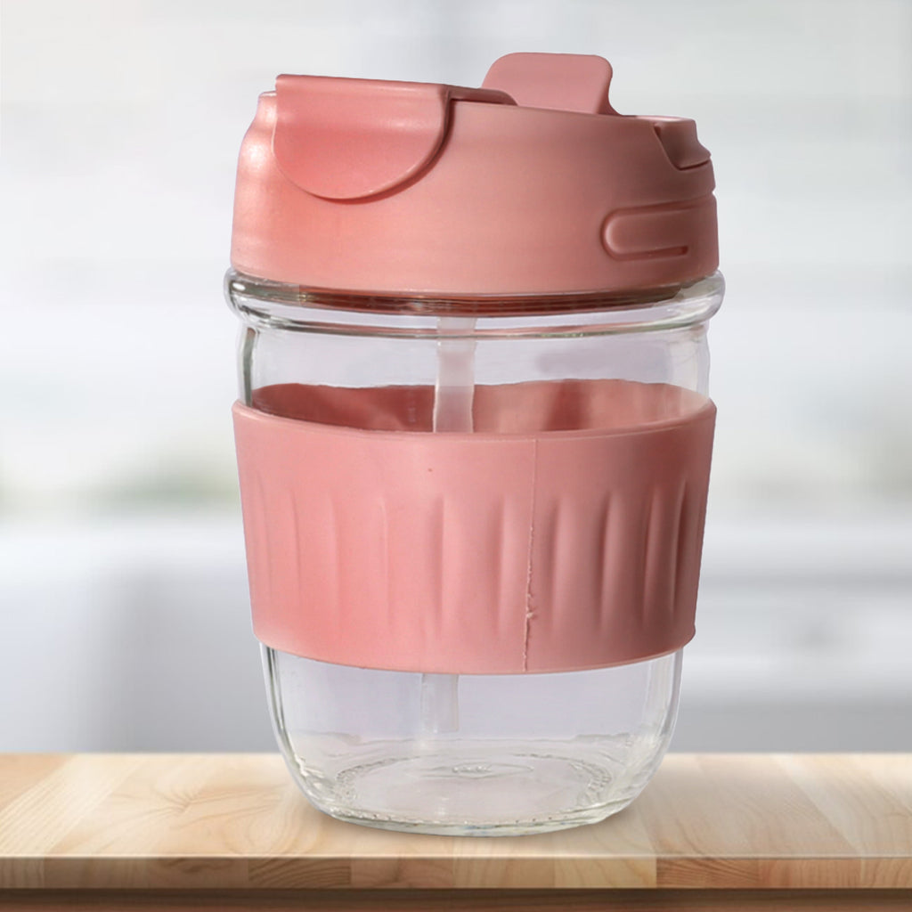 Allo Reusable Glass Tumbler with Unique 2 in 1 ANTI Spill Lid | Portable Leakproof Glass Coffee Mug Shaker Sipper with Anti-Slip Silicone Grip for Hot & Cold Beverages | Ideal for Car, Office, Home and Travel use | 350ml PINK