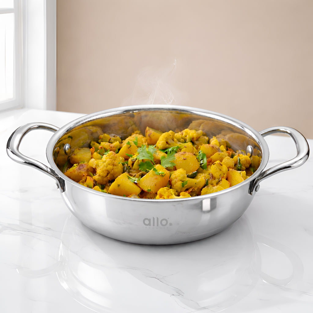 Allo Triply Stainless Steel Kadhai with Handles|Perfect Kadhai for Curry/Stir-Fry/Deep-Fry/DryVeg/Sauté Induction Friendly Naturally Non-Stick | 10 Years Warranty, 20cm, 1.5 litres Without lid