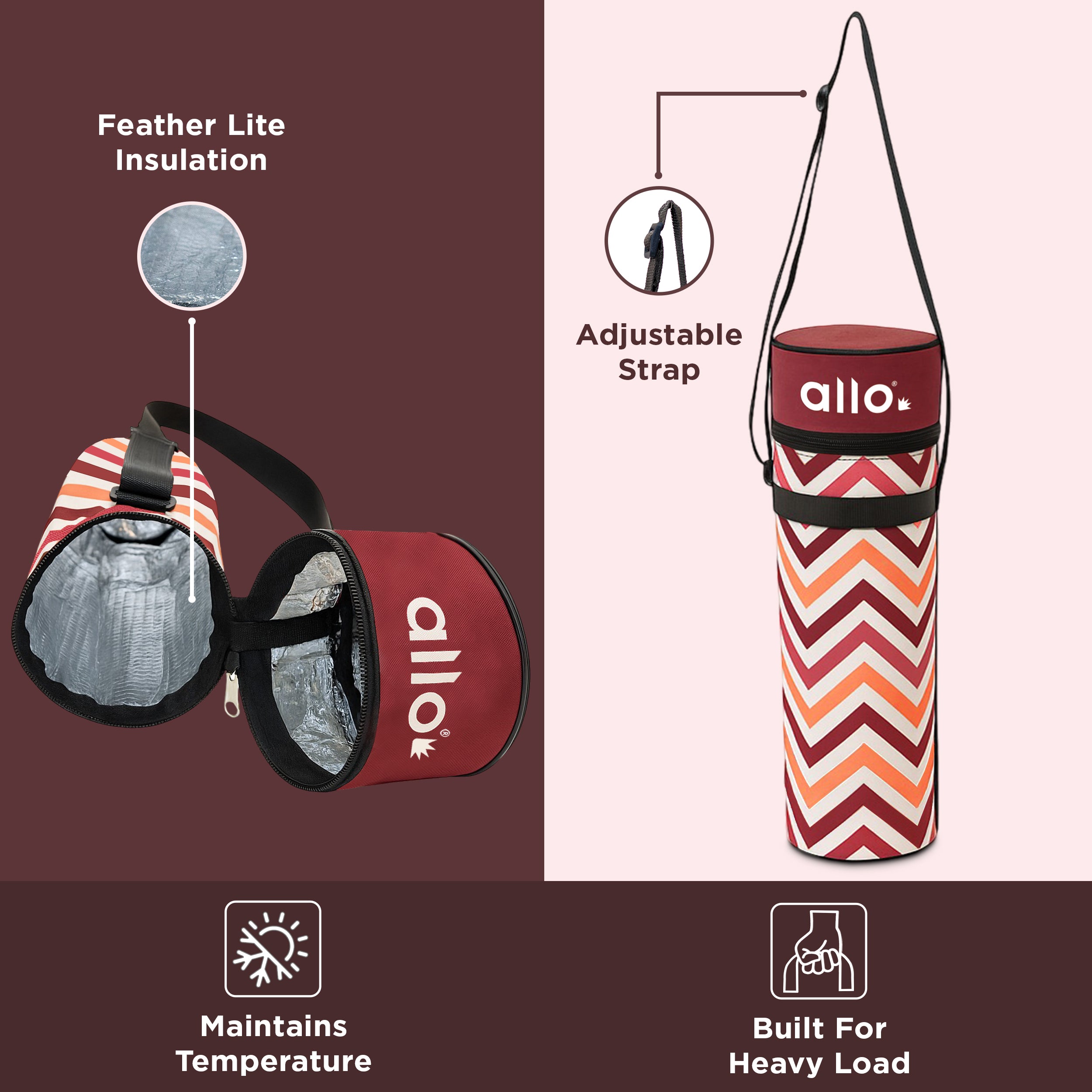 Allo Polyester Thermal Insulated 1L Bottle Cover – Water-Proof Modern Carrier Sleeve with Adjustable Shoulder Handle & Zipper Closure for Travel, Hiking, Office & School, Red Chevron