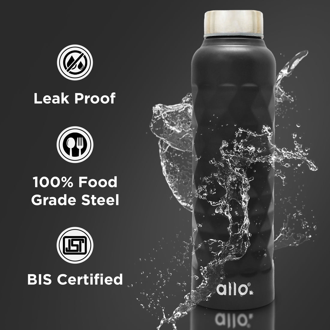 Allo Stainless Steel Water Bottle For Adults, Kids 0.95 Litre Water Bottles For School, Office, Sports, Gym 950ML Water Bottle For Men And Women, Pack Of 2 | Leak Proof & Bpa Free, Black Diamond Steel Cap