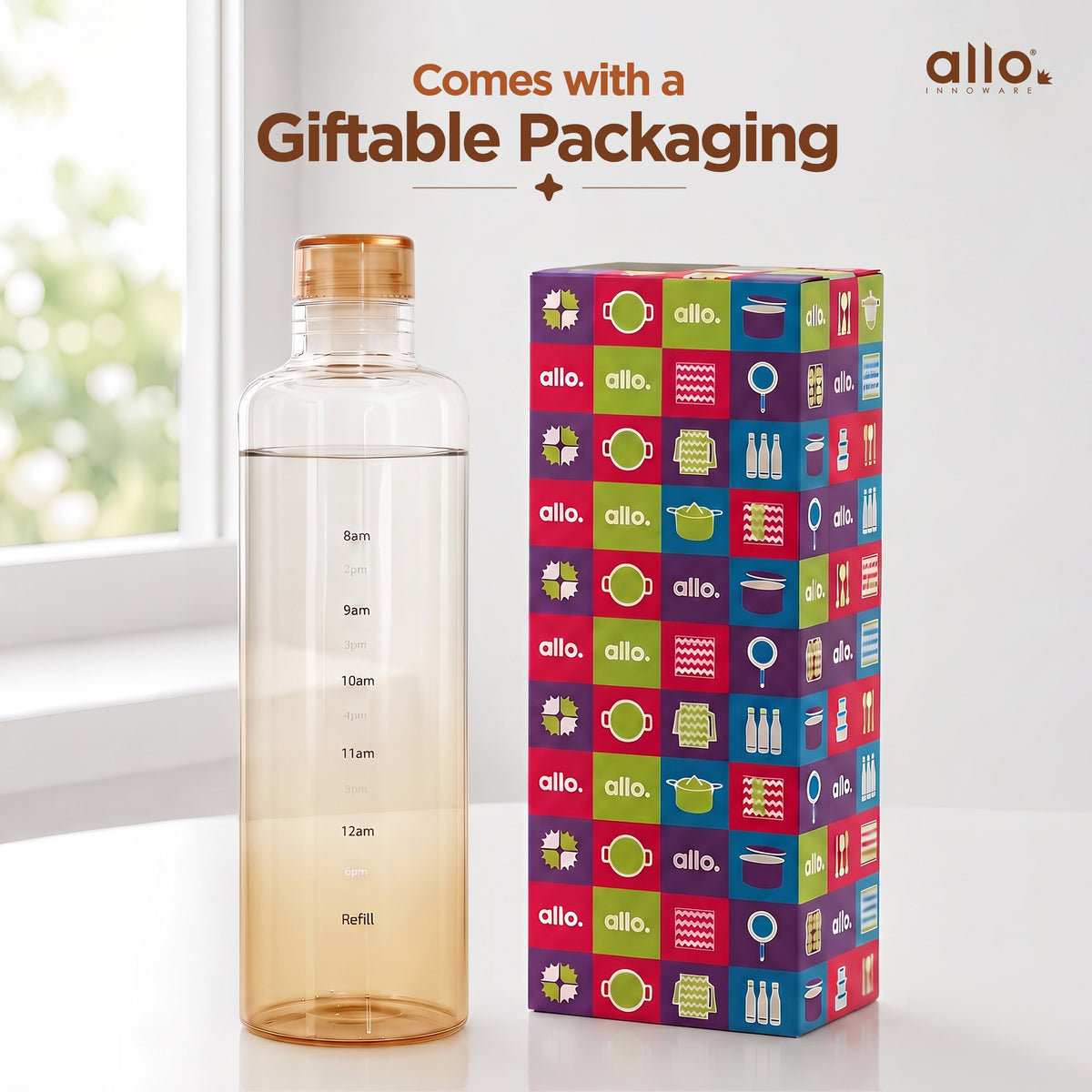 Allo Glass Water Bottle For Women & Men, 600 ml, Aesthetic H2O Bottles For Drinking Detox Water, Juice, Milk, Soda | 0.4 Ltr Bottle For Fridge, Storage, Home | Gift Set Packaging | Time Marked Orange