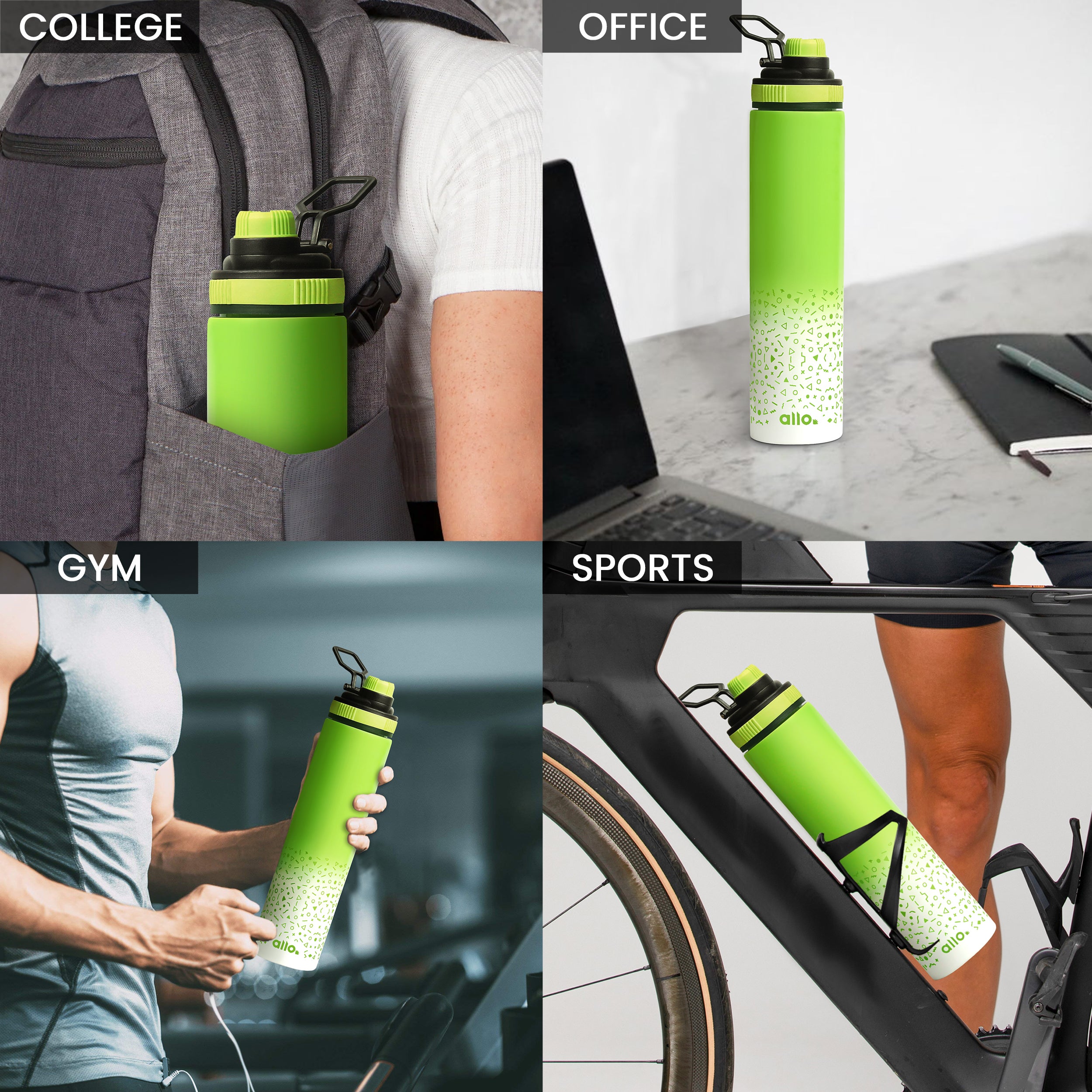 Allo Steel Water Bottles Stainless Steel Sipper Water Bottle for adults, kids 1 Litre Water Bottles for School, Office, Sports, Gym 1L Water Bottle for Men and women, Pack Of 2 | Green White 850ml